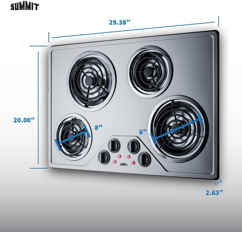 Summit 30' 4 Burner Electric Cooktop, 230 Volt Coil Electric Cooktop, ADA compliant, Stainless Steel- CR430SS