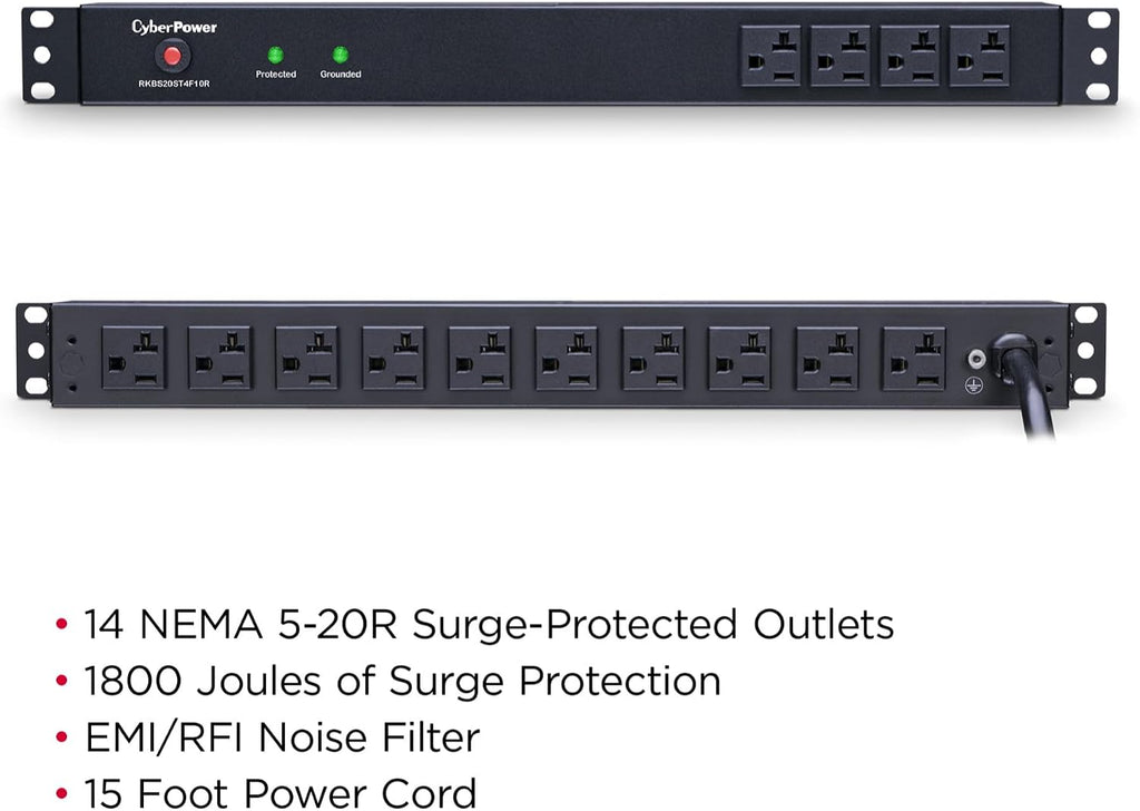 CyberPower RKBS20ST4F10R Rackmount PDU, 20A, 120V, 10 ft Cord, 1U, 14 NEMA 5-20R Outlets, Circuit Breaker, Black