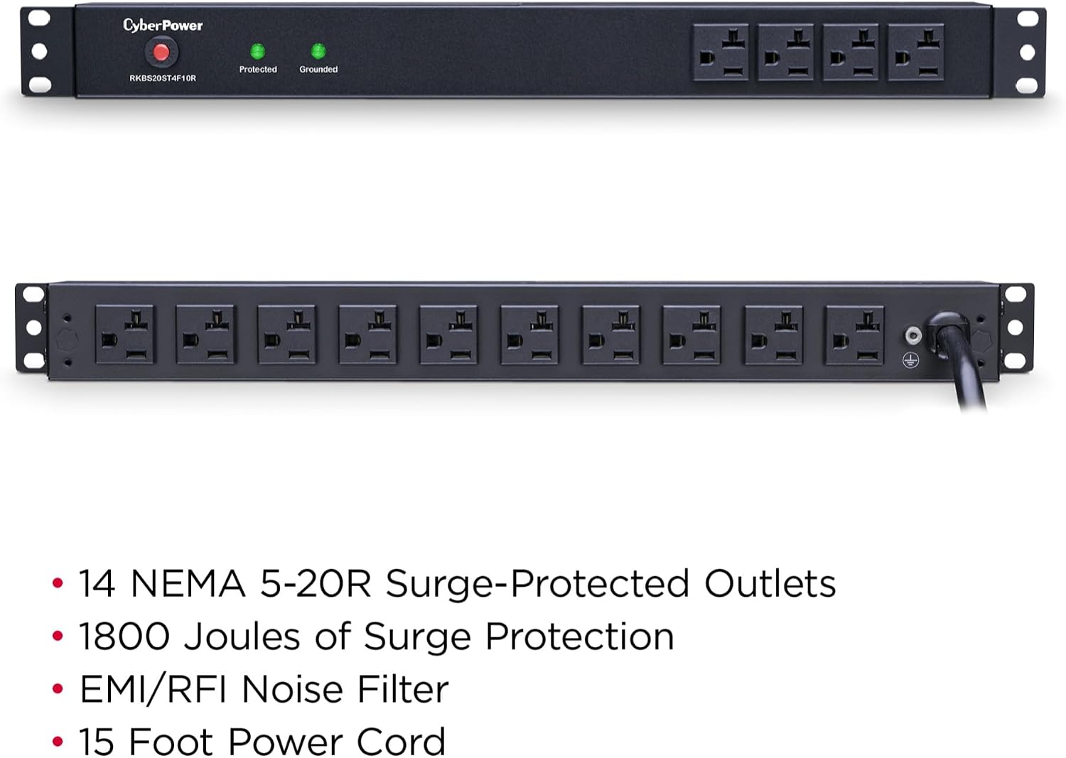 CyberPower RKBS20ST4F10R Rackmount PDU, 20A, 120V, 10 ft Cord, 1U, 14 NEMA 5-20R Outlets, Circuit Breaker, Black