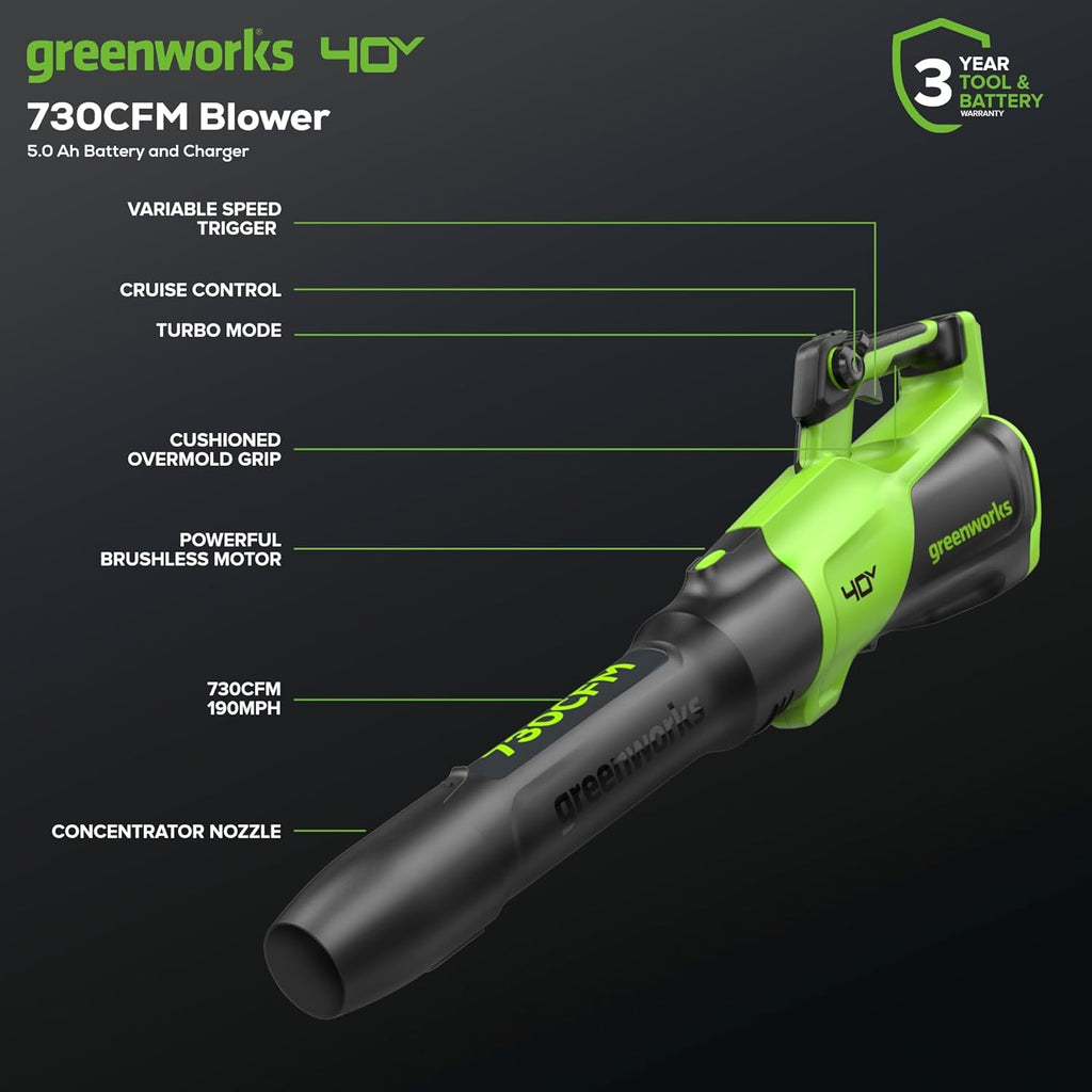 Greenworks 40V (730 CFM / 190 MPH) Cordless Leaf Blower with High Power Brushless Motor, Lightweight Backyard Cleaner for Fast Debris Removal, Includes 5.0Ah Battery & 5A Rapid Charger