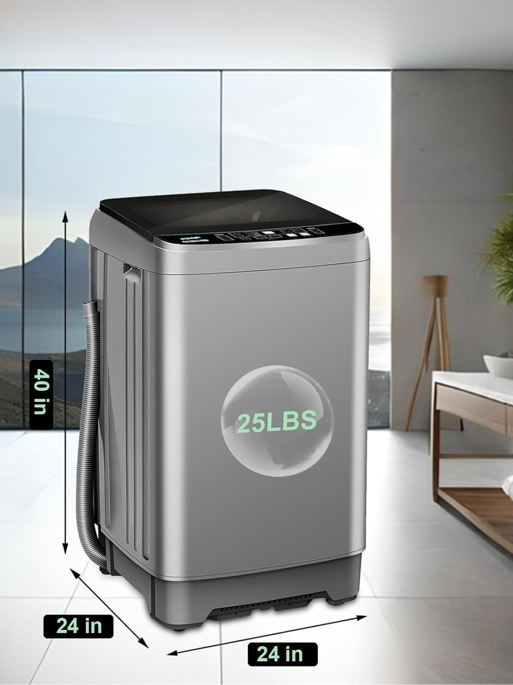 25 lbs Full Automatic Washing Machine with LED Display Compact Washing Machine with a Glass Cover Drain Dump, 10 Wash Programs and 8 Water Levels Ideal for Dorms, Apartments, RV, Grey