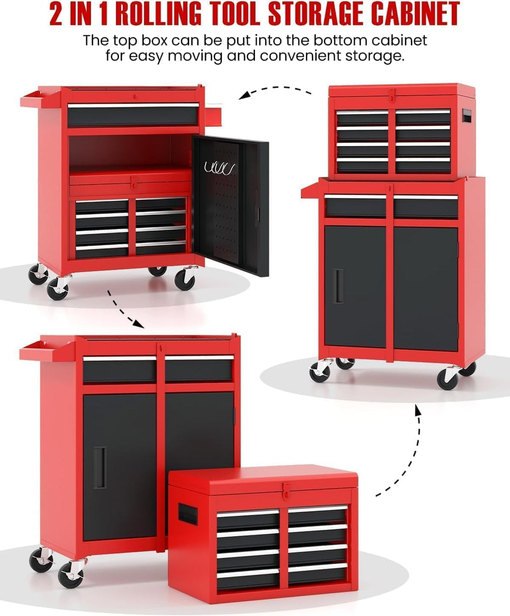 ARNOT 2-in-1 Rolling Tool Chest with 5 Drawers, Heavy-Duty Metal Tool Box with Wheels, Detachable Top Tool Box & Rolling Tool Cabinet for Garage, DIY, Mechanics, Red+Black