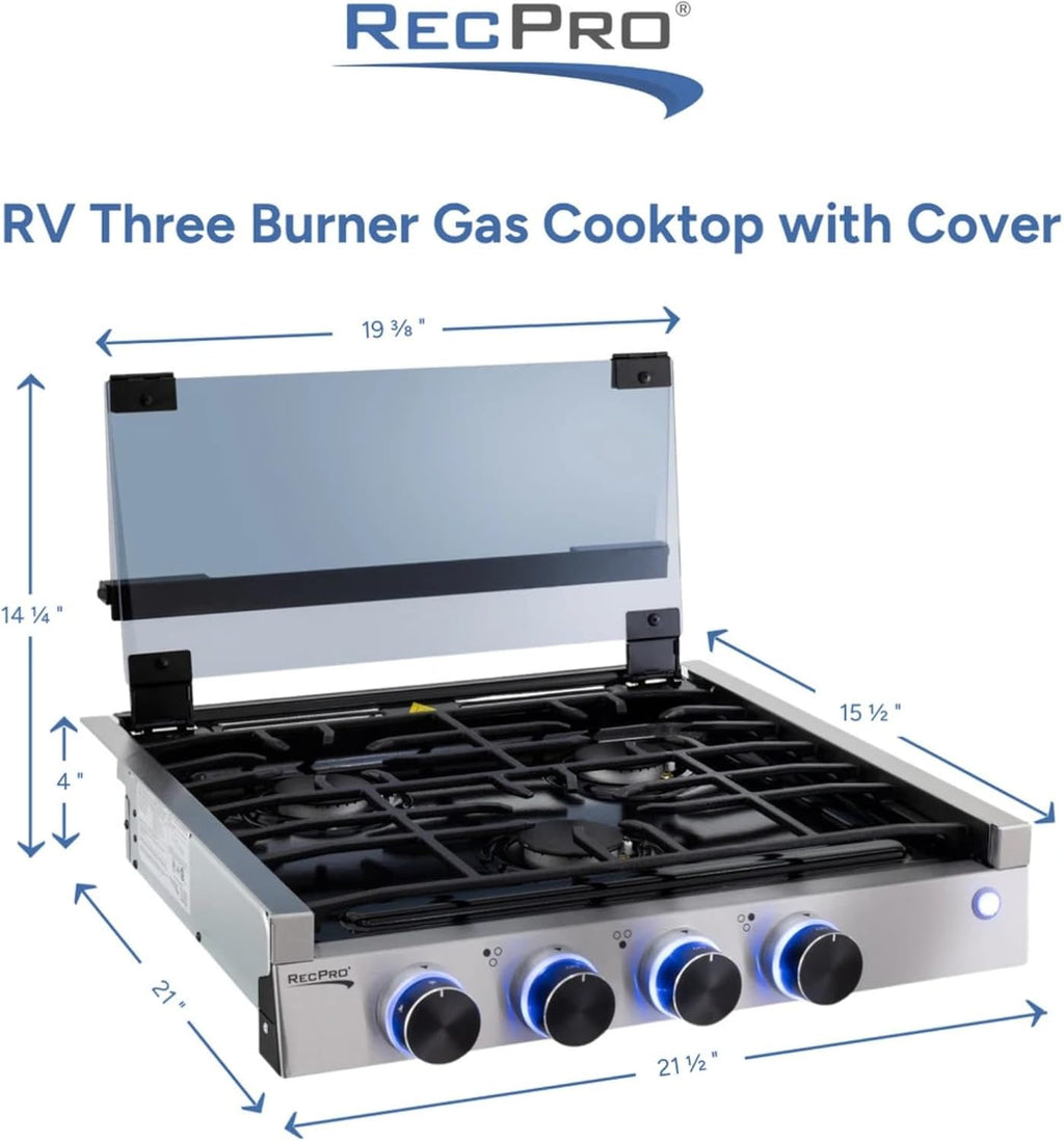 RecPro RV Built In Gas Cooktop | 2 Burner or 3 Burner | RV Cooktop Stove | 6,500 and 8,000 BTU Burners | Cover Included (3 Burner Black)