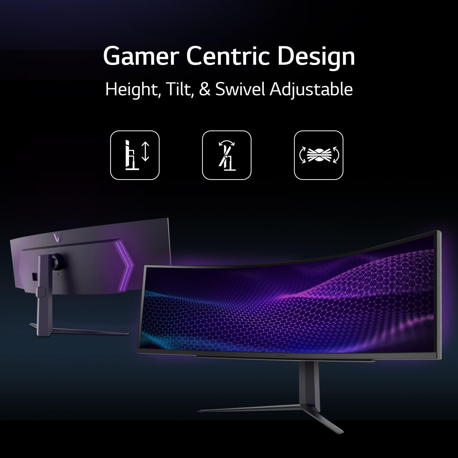 LG 49' Ultragear DQHD (5120x1440) Curved Gaming Monitor, 240Hz, 1ms, VESA DisplayHDR 1000, HDMI 2.1, DisplayPort, 4-Pole HP Out DTS HP:X, AMD FreeSync Premium Pro, Tilt/Swivel/Height Stand, Black