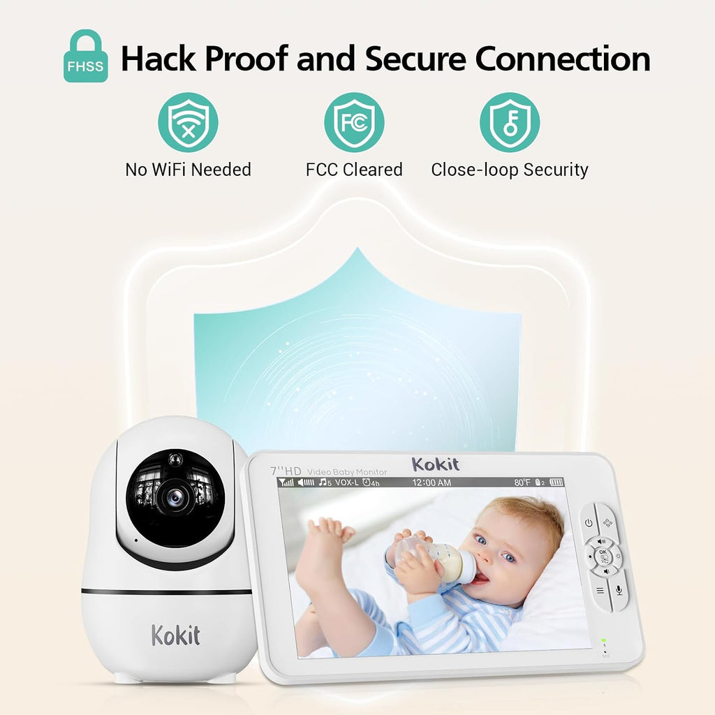 7' 1080P Full HD Dual Camera Baby Monitor 100-Hour Battery Pan-Tilt 355°/120° & 4X Zoom Night Vision & VOX 2-Way Talk & Lullabies Data Protection 2.4GHz Wi-Fi Only