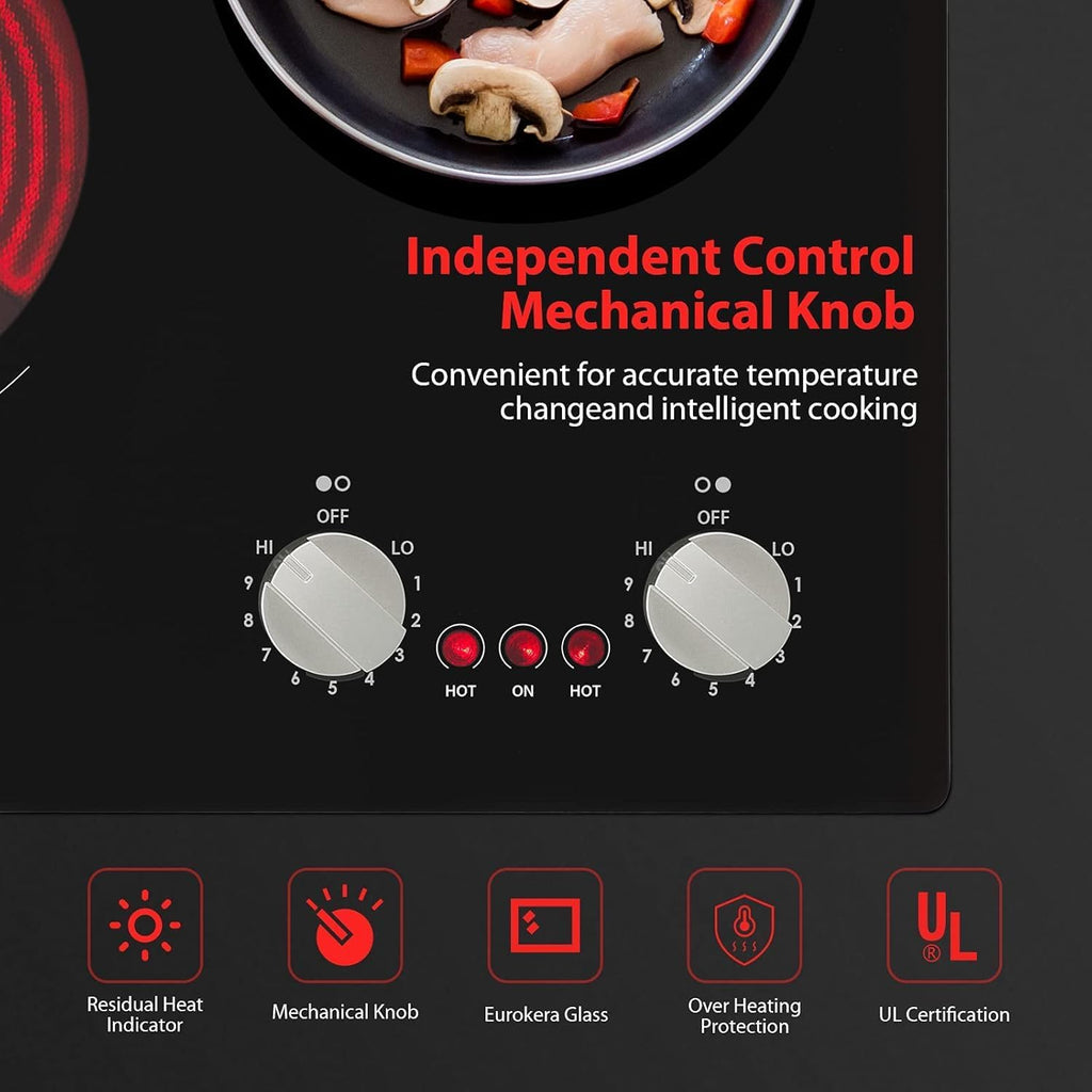 21 Inch 2 Burners Electric Cooktop 3700W Apartment Electric Stove Top Double Radiant, UL Certified, 9 Heating Level Knob Control, Overheating Protection, 110V-240V Ceramic Glass Cooktop