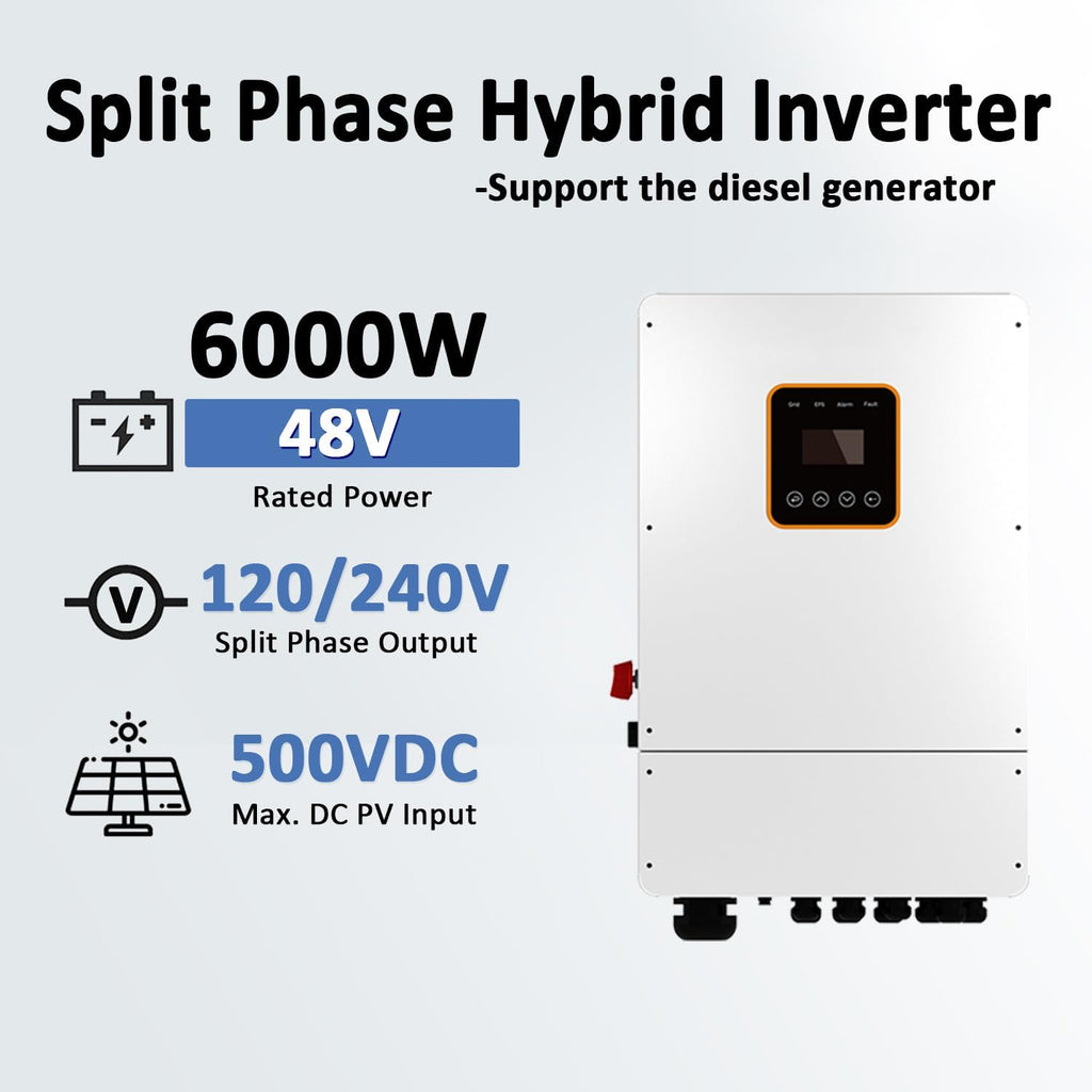 6KW Hybrid Solar System Complete Kit Off Grid On Grid, 10pcs 550W Bifacial Solar Panels 5500W, 6000W Hybrid Split Phase Inverter 120V/240V 48V, 51.2V 314Ah Wall Mounted Lithium Battery 16kWh Battery