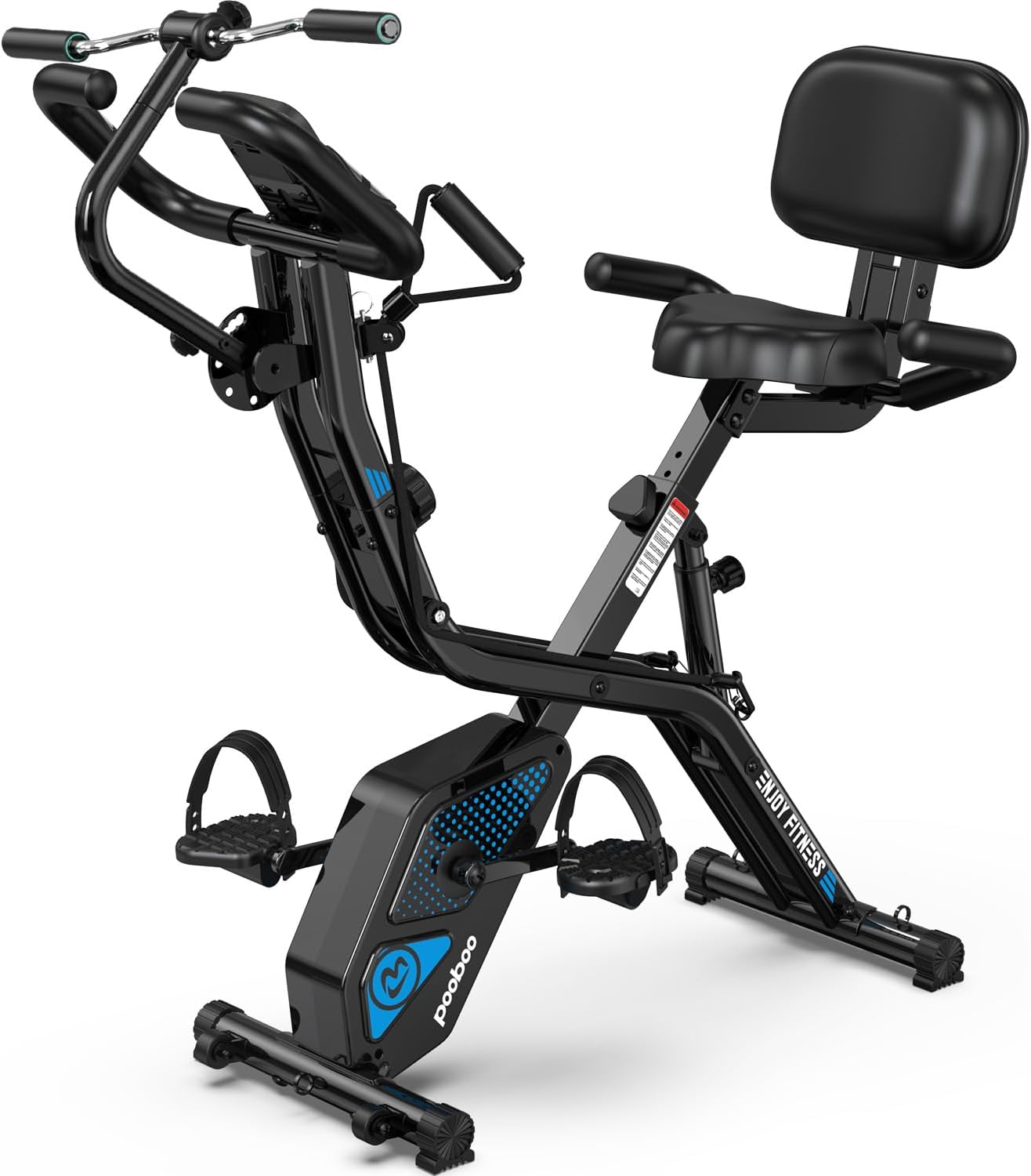 pooboo Folding Exercise Bike, Foldable Upright Stationary Bike, Indoor Cycling Magnetic X-Bike with 8-Level Adjustable Resistance, 6.6 LBS Flywheel, 300LB Capacity, Back Support Cushion for Home Gym