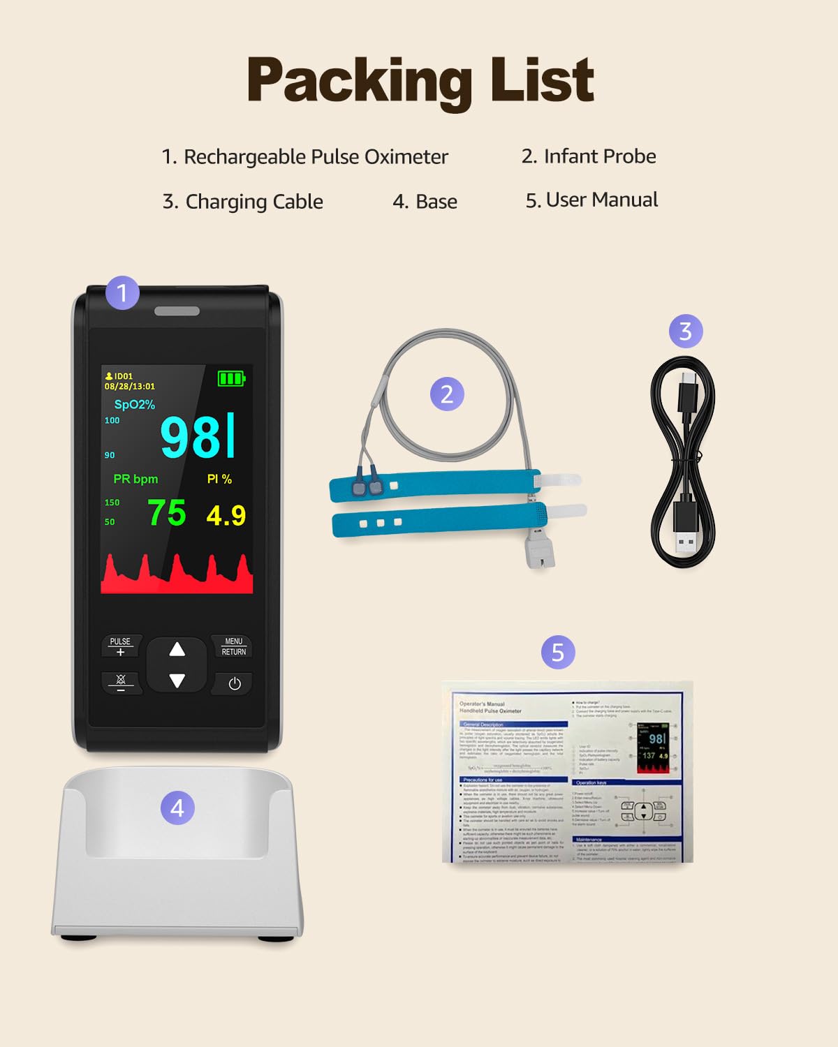 Pulse Oximeter Fingertip Infant Pulse Oximeter for Kids Overnight Continuous Pulse Oximeter Rechargeable Baby Oxygen Monitor Handheld Pulse Ox for SpO2 and Pulse Rate Continuous Baby Monitoring