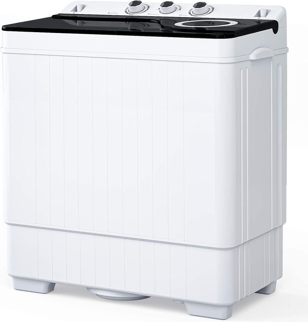 Compact Twin Tub Portable Mini Washing Machine 26lbs Capacity, Washer(18lbs)&Spiner(8lbs)/Built-in Drain Pump/Semi-Automatic (White&Black)