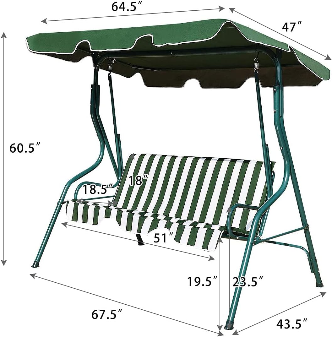 3-Seater Canopy Swing Chair, Waterproof Outdoor Swing Cushioned Seat with Adjustable & Removable Canopy, Steel Frame Polyester Fabric Oxford Cloth Patio Hammock Cover Top (Green)