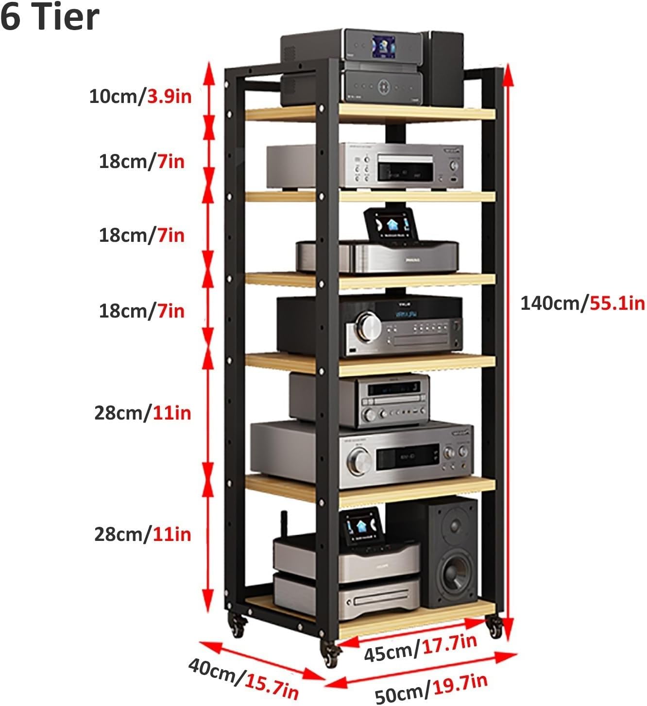 5 6 7 Tier AV Media Cabinet Stand, 4.6FT Tall Audio Tower Rack, Corner TV Stand with Adjustable Shelf, Modern Stereo Racks and Stands for Living, Gaming, Recording Room(Black-1,6 Tier)