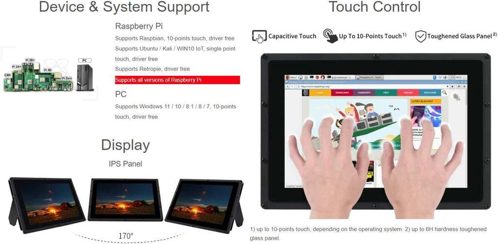 Waveshare 10.1 inch Capacitive Touch Screen LCD IPS Screen 1280x800 Hardware Resolution Supports Multi Mini-PCs and Multi Systems