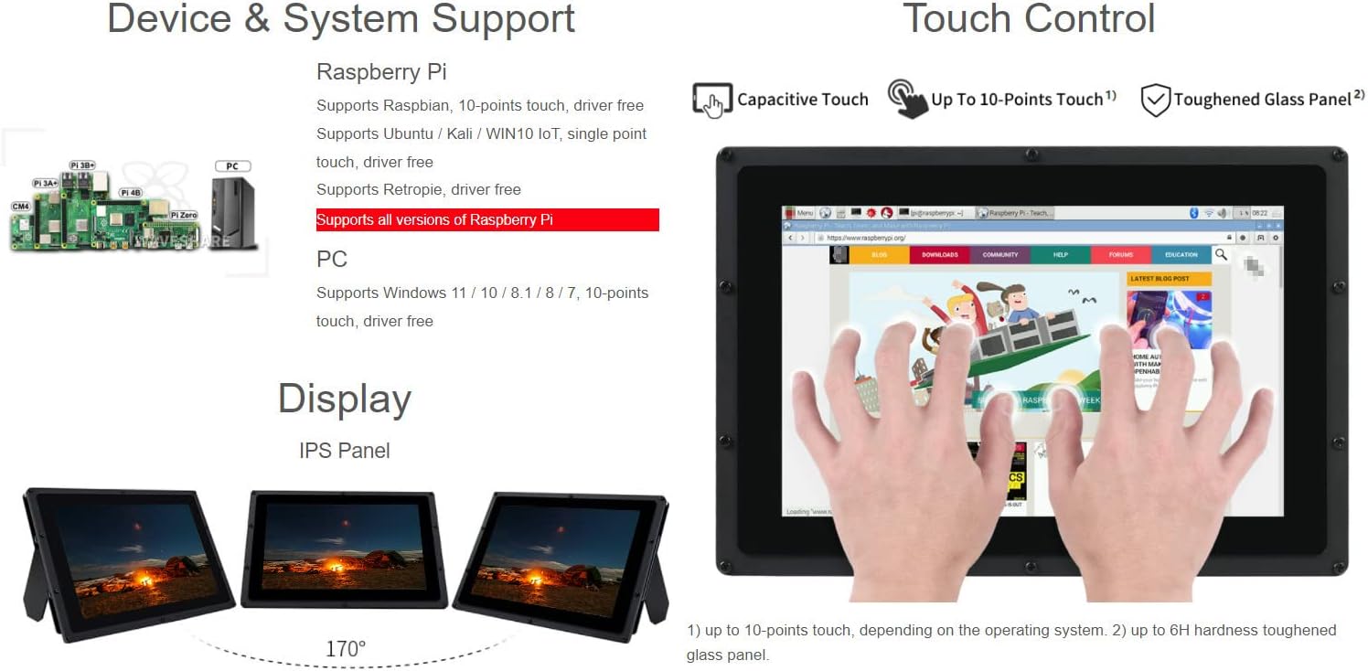 Waveshare 10.1 inch Capacitive Touch Screen LCD IPS Screen 1280x800 Hardware Resolution Supports Multi Mini-PCs and Multi Systems