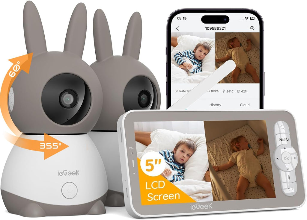 ieGeek 2K Split-Screen Baby Monitor, 5' Audio Baby Monitor with 2 Cameras, WiFi Smartphone Video Dual Camera, Night Vision, Motion & Cry Detection, Two Way Talk Temper &Humidity Sensor