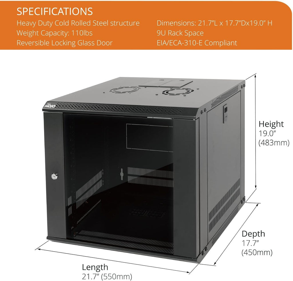 Tecmojo 9U Wall Mount Server Cabinet IT Network Rack Enclosure Lockable Door and Side Panels Black,Cooling Fan, Glass Door, 17.7inch Depth,for 19' IT Equipment, A/V Devices