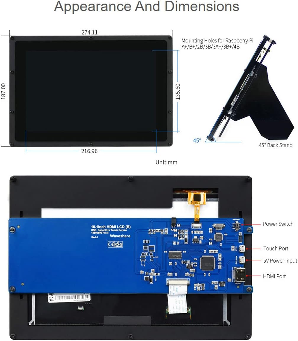 Waveshare 10.1 inch Capacitive Touch Screen LCD IPS Screen 1280x800 Hardware Resolution Supports Multi Mini-PCs and Multi Systems