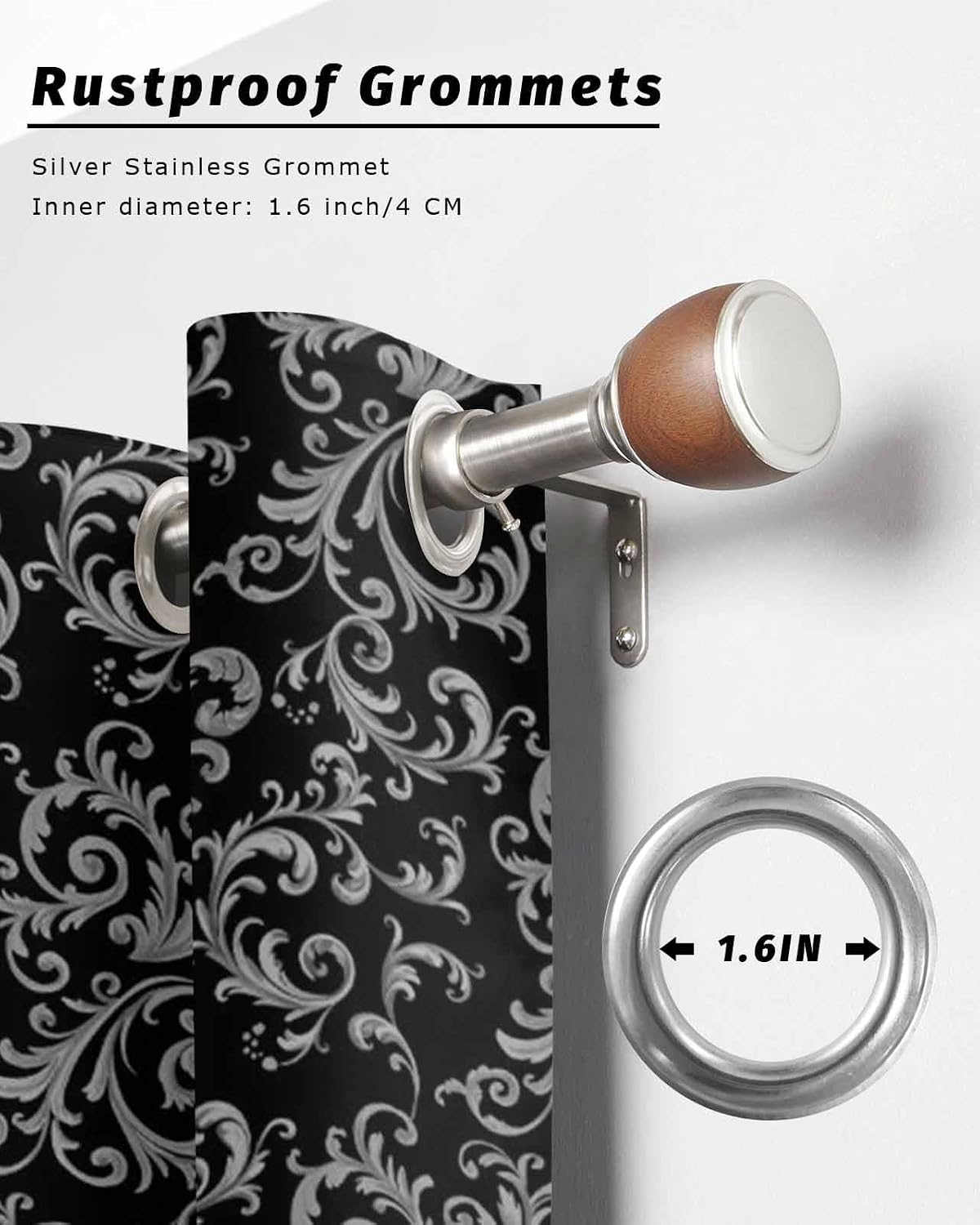 Outdoor Curtain for Patio Waterproof, Winter Christmas Retro Floral Pattern Black Outside Curtains with Grommet Top Curtain Panels Drapes for Pergola, Gazebo, Balcony 54' W x 95' L 2 Pcs