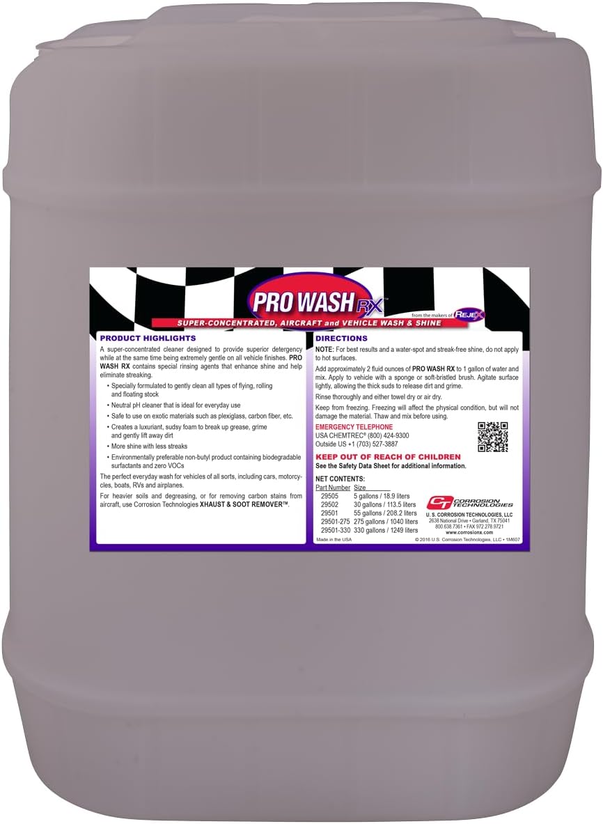Corrosion Technologies Pro Wash RX 29505 (5 gallon) – Wash and Shine Vehicle Shampoo | Enhances Shine | Eliminates Streaks | pH Neutral for Everyday Use | Breaks up Grease, Grime and Lifts Away Dirt