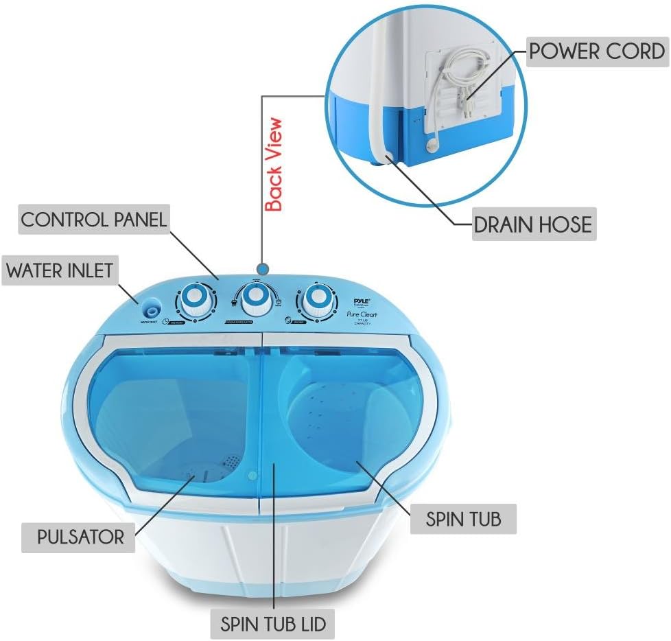 Pyle Upgraded Version Pyle Portable Washer & Spin Dryer, Mini Washing Machine, Twin Tubs, Spin Cycle w/Hose, 11lbs. Capacity, 110V - Ideal For Compact Laundry