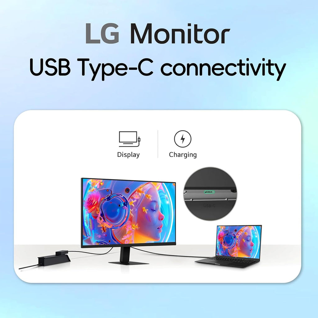 LG 27 inch Monitor, IPS QHD (2560 x 1440), 100Hz, 99% sRGB, HDR10, Black Stabilizer, HDMI, USB-C 15W PD, Dynamic Action Sync, Reader Mode, Flicker Safe, Virtually Borderless Design, Tilt Adjustment