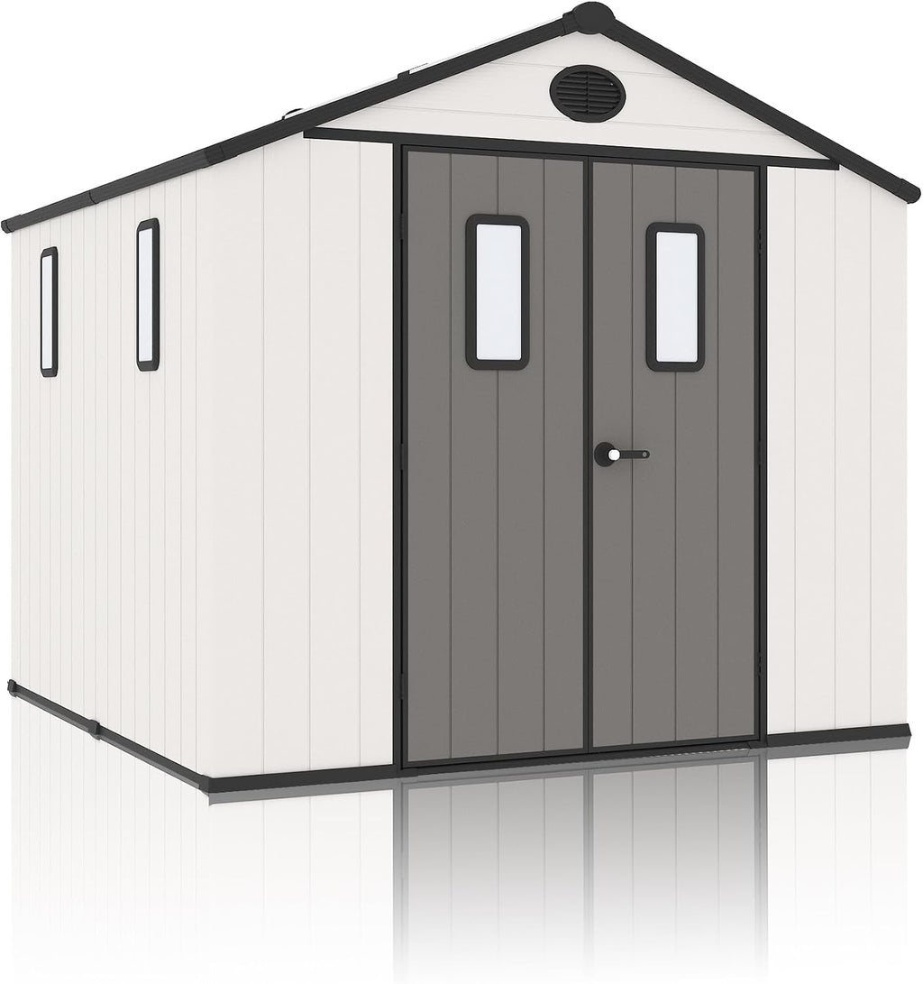 8x8 FT Resin Storage Shed, Featuring 0.6' Thick Panels, Weatherproof Outdoor Tool Shed with Floor for Garden, Lawn, Backyard