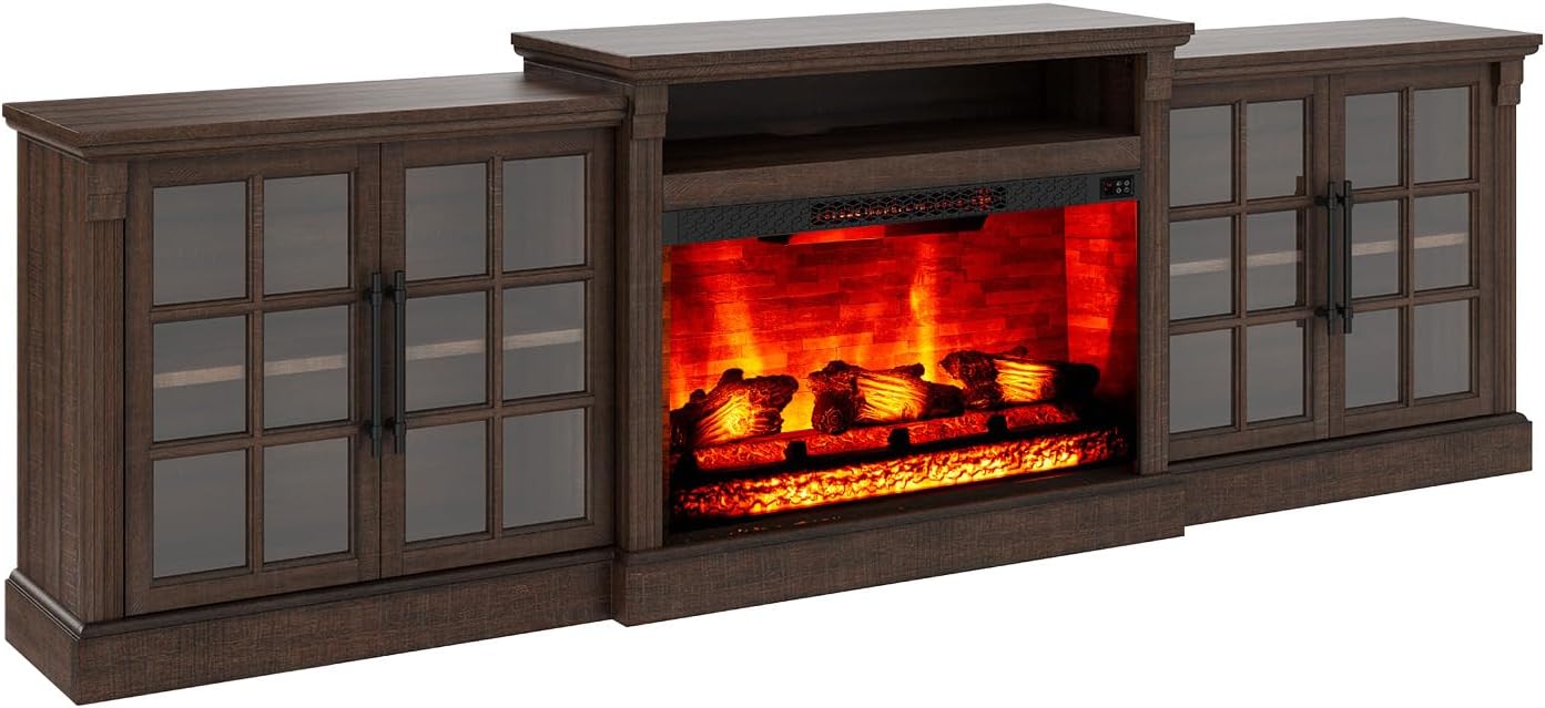 LUXOAK 97' Farmhouse TV Stand with 33' Fireplace for TVs up to 100', Media Entertainment Center with Large Storage Cabinet and Adjustable Shelves for Living Room, Rustic Brown