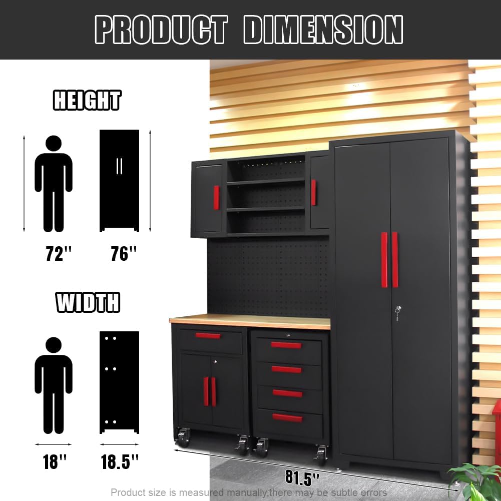 6-Pcs Garage Storage Cabinet System - Garage Workshop Set with Steel Cabinet Drawers, Rolling Chest, Workbench, Pegboard for Tool Organization