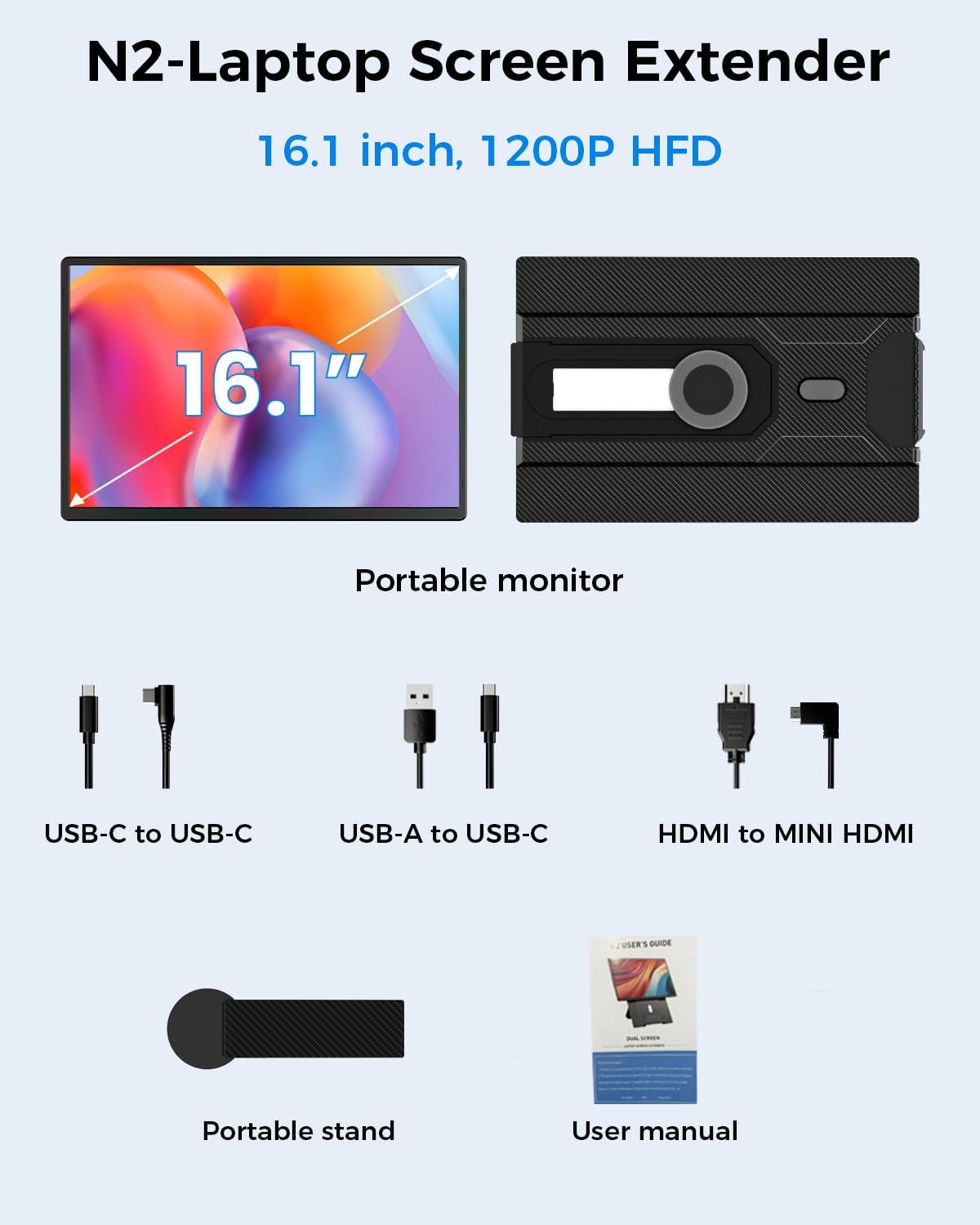 Cevaton Laptop Screen Extender, 16.1' FHD 1200P Portable Monitor for Laptop with Magnetic Detachable Stand, 360° Rotatable Borderless Screen, Plug & Play, Compatible with Windows Mac