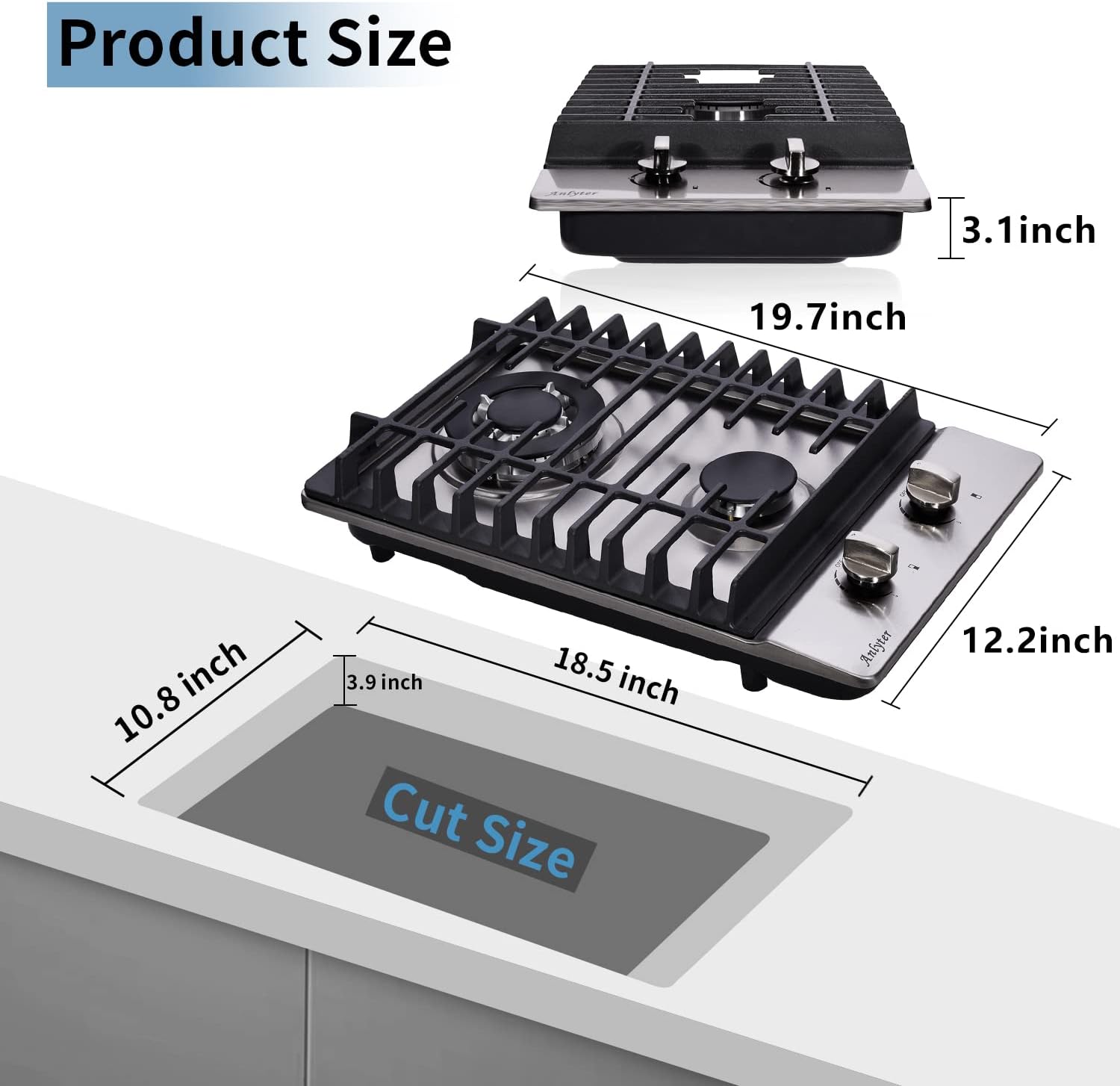 12 Inch Gas Cooktop, 2 Burners Built-in Gas Stovetop Stainless Steel Gas Stove Top LPG/NG Convertible Dual Fuel Sealed Gas Hob