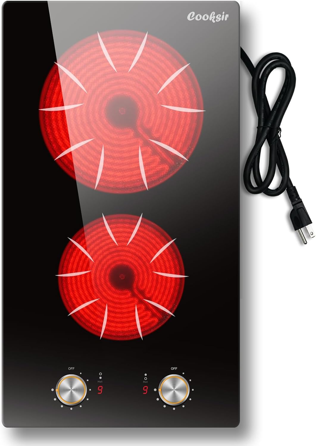 2 Burner Electric Cooktop, 12 Inch Electric Stove Top Built-in & Countertop, 110V Two Burner Electrical Cook Top with Knob Control, 9 Power Level, Over Heat Protection, 2000W, 110V Plug in