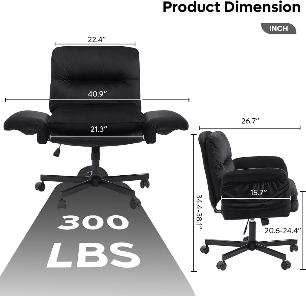 Bestier Criss Cross Office Chair with Flip-Up Armrests, Swivel Makeup Vanity Chair with Wheels & Side Pockets, Cross Legged Office Chair for Home Office, Bedroom, Black Velvet