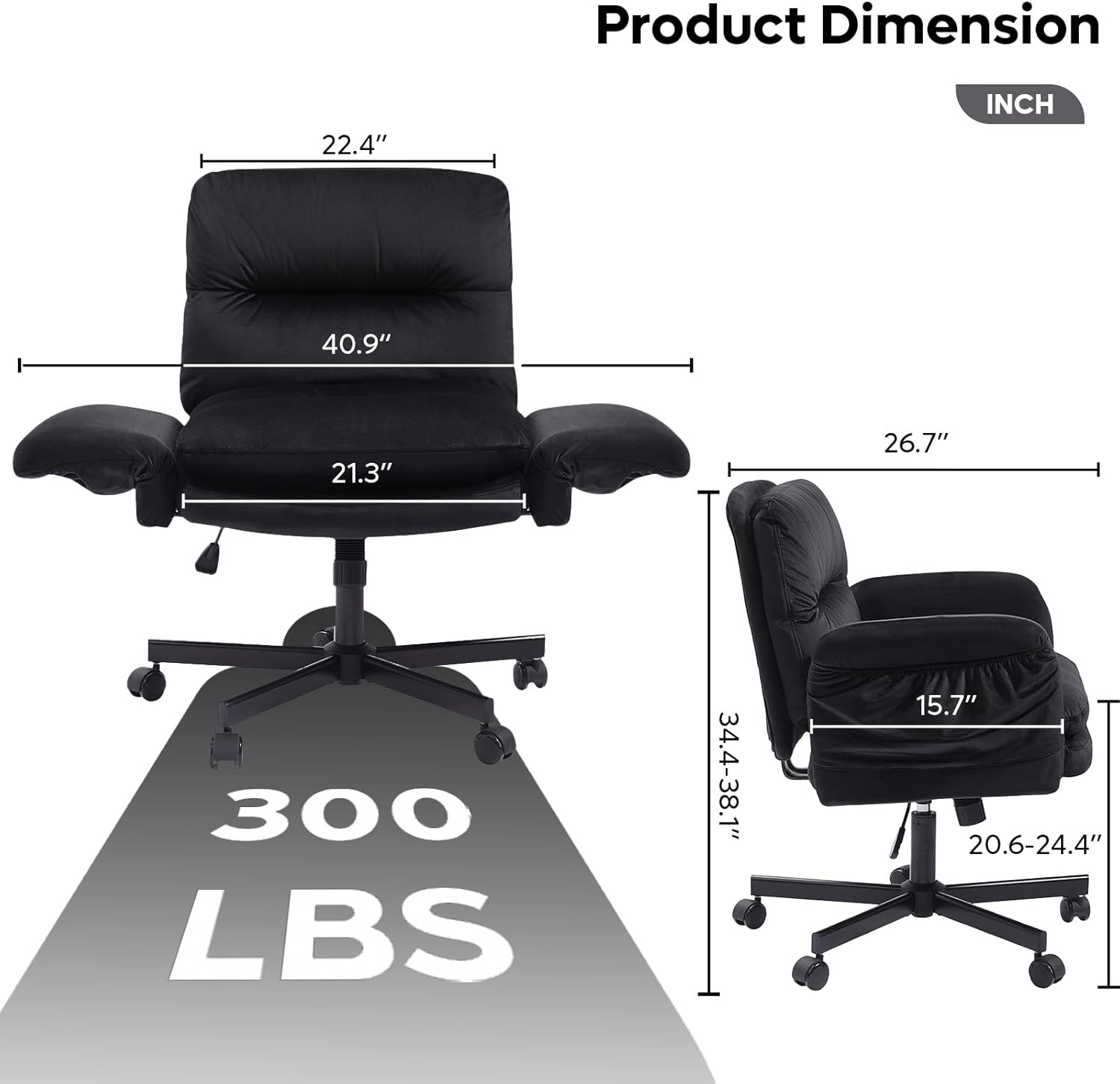 Bestier Criss Cross Office Chair with Flip-Up Armrests, Swivel Makeup Vanity Chair with Wheels & Side Pockets, Cross Legged Office Chair for Home Office, Bedroom, Black Velvet
