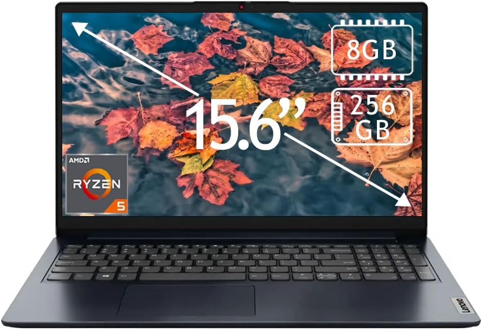 Lenovo Ideapad 1 Laptop, 15.6' FHD (1920x1080) Touch Laptop, AMD Ryzen 5 7520U, 8GB DDR5 RAM, 256GB SSD, AMD Radeon 610M Graphics, Windows 11 Home, Abyss Blue, 82VG00TYUS