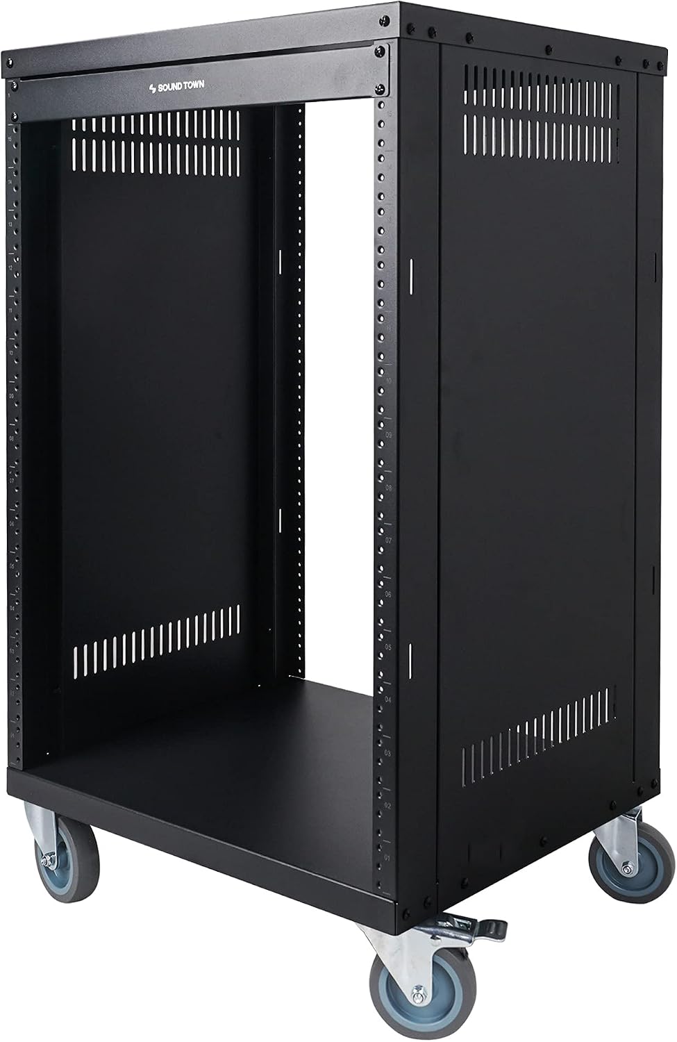 Sound Town 16U Universal Steel Rack, w/Mesh Doors, Locking Casters, Vented Side Panels for Audio Video, Server and Network Equipment (STRK-M16UWD)