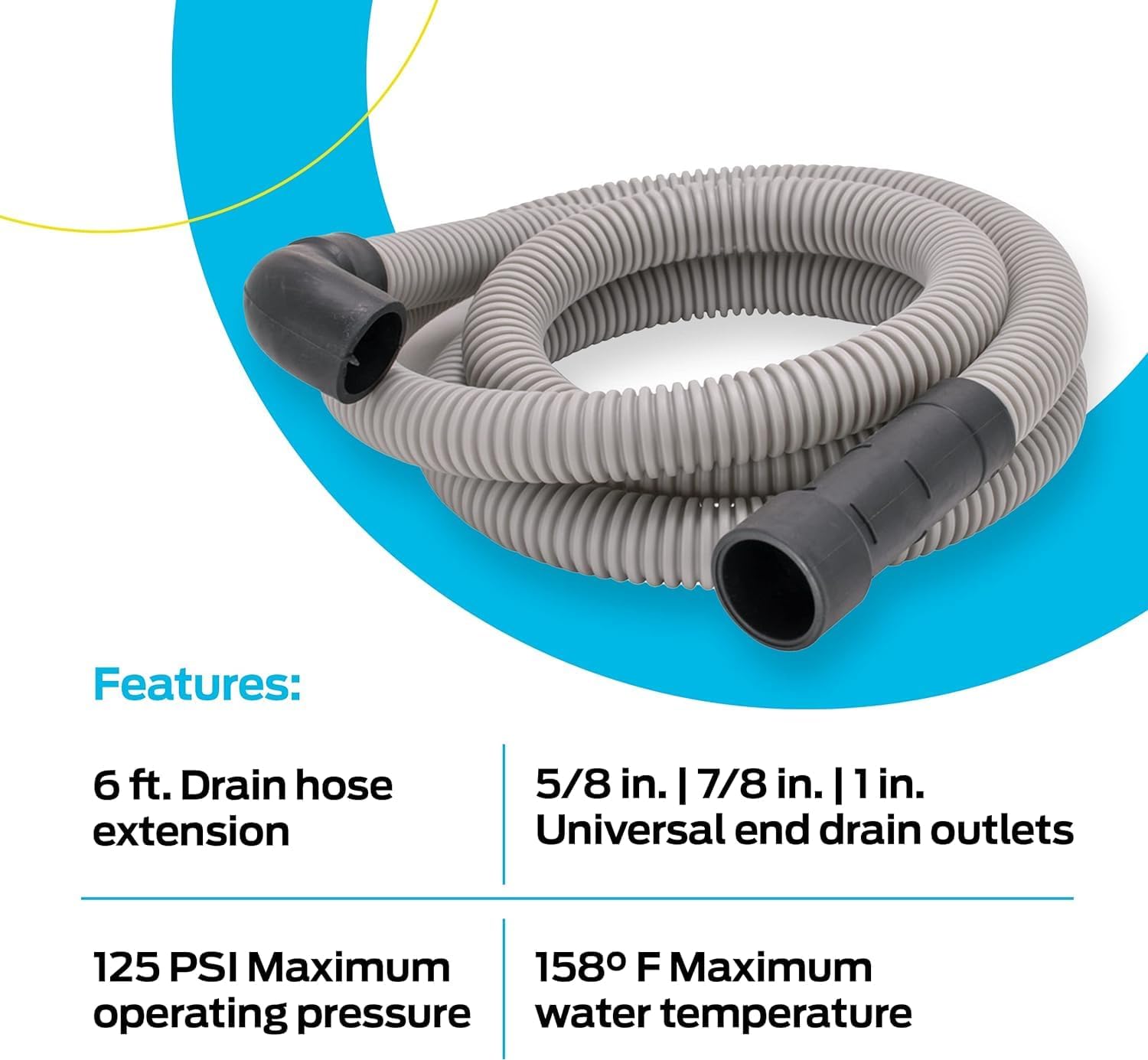Eastman 6 Foot Dishwasher Drain Hose, Fit with 5/8 Inch, 7/8 Inch, or 1 Inch OD Drain Outlet, 90 Degree Rubber Elbow, Corrugated, Gray Polypropylene, 91227 (Pack of 10)