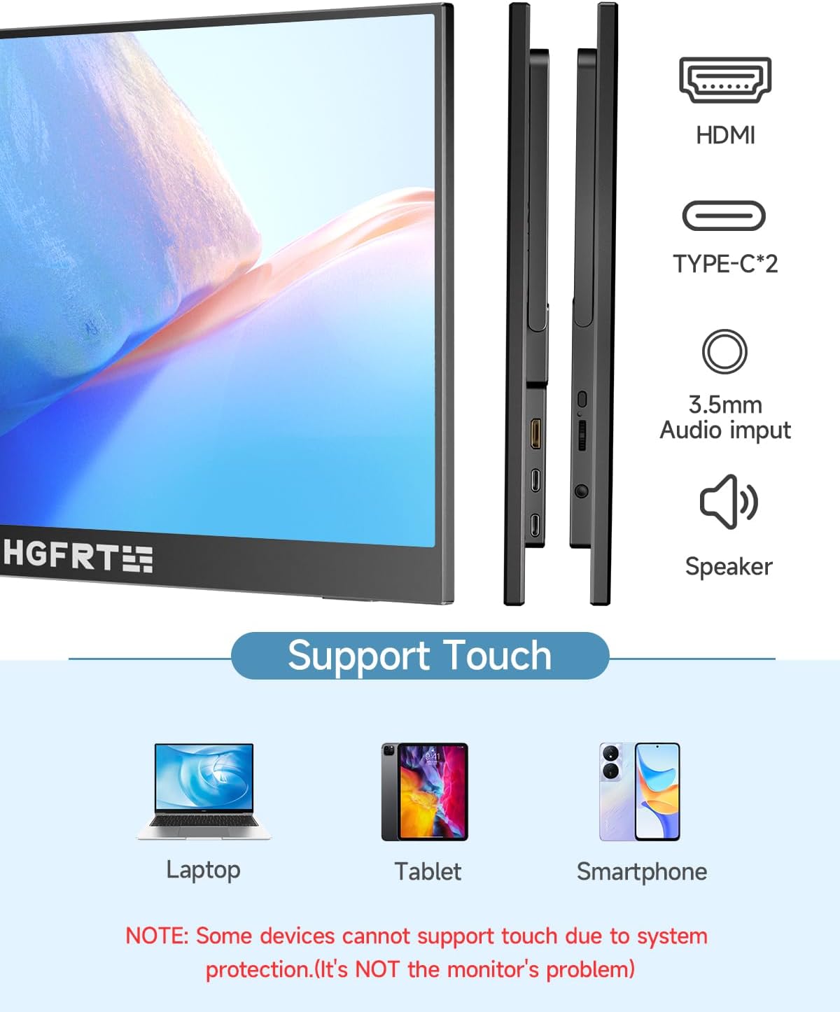 Portable Monitor Touchscreen 15.6', 1920x1080 60Hz FHD IPS HDR 10-Point Touch Screen Monitor with Built-in Stand & Speaker, HDMI USB C VESA External Travel Monitors for Laptop, PC, Mac, Phone