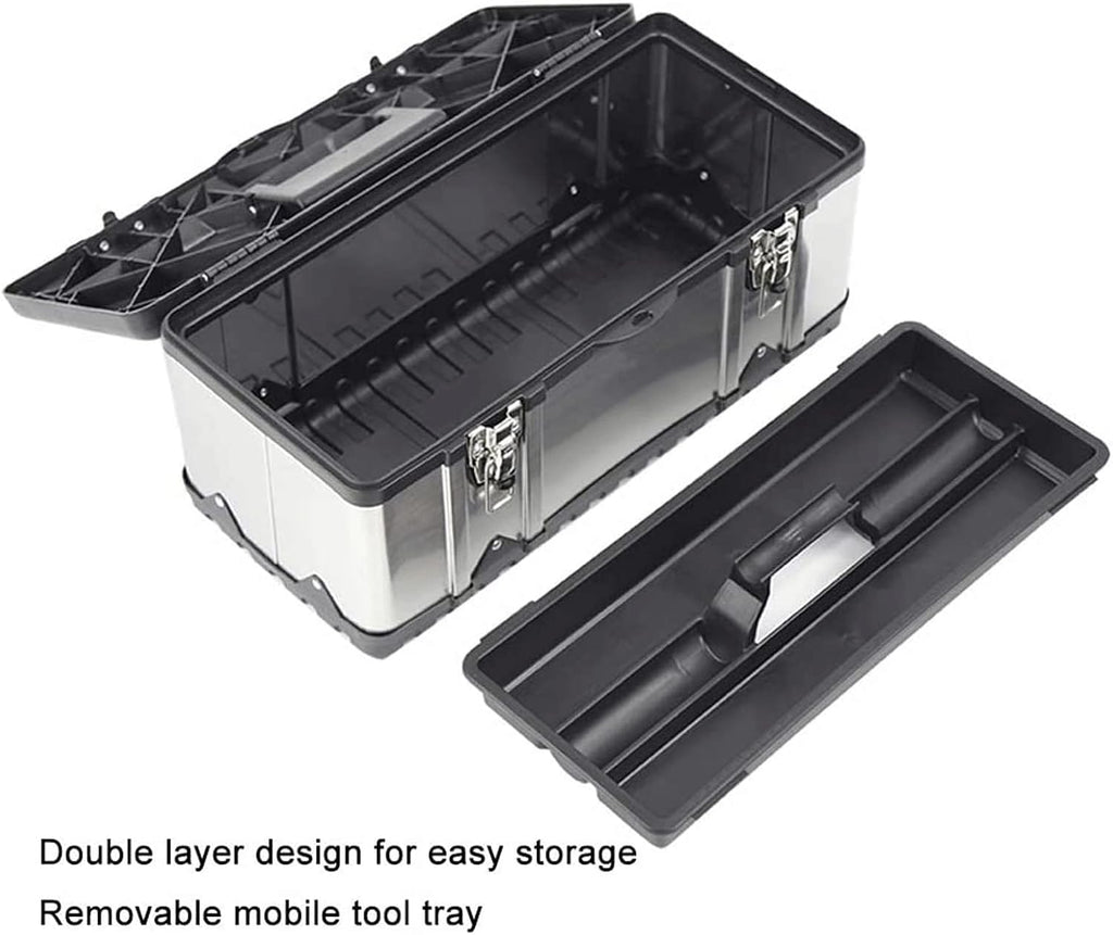 LIOONS Tool Box Thick Stainless Steel Portable Tool Boxes Strong and Sturdy Tool Kit Removable Tray Storage Case Storage Tool Set