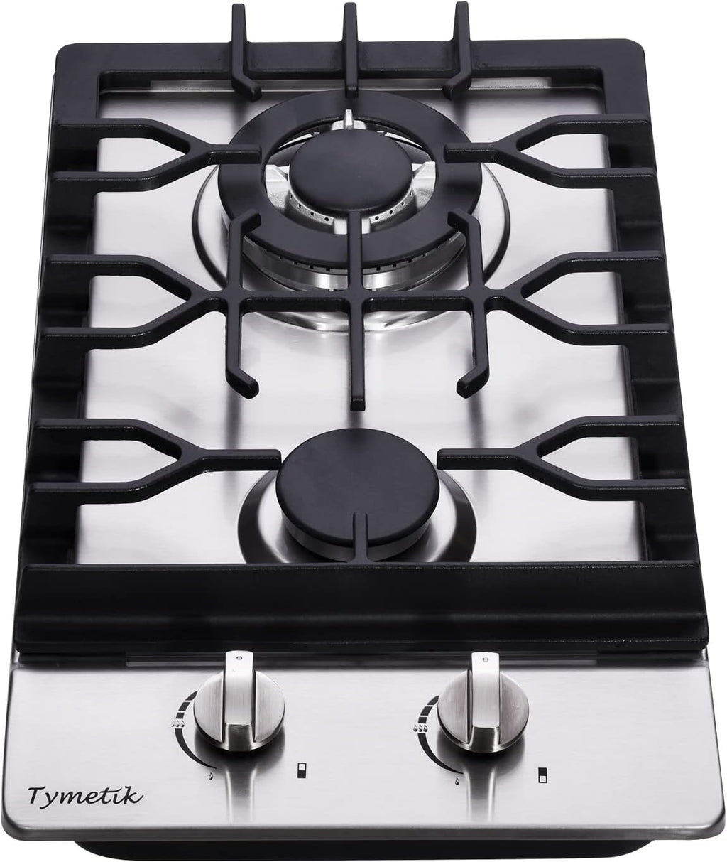 Bakysso Gas Cooktop 12 Inch, 2 Burners Gas Stovetop Built-in Stainless Steel Gas Stove Dual Fuel LPG/NG Convertible Gas Hob for RVs, Apartments, Outdoor, 12 Inch Stainless Steel