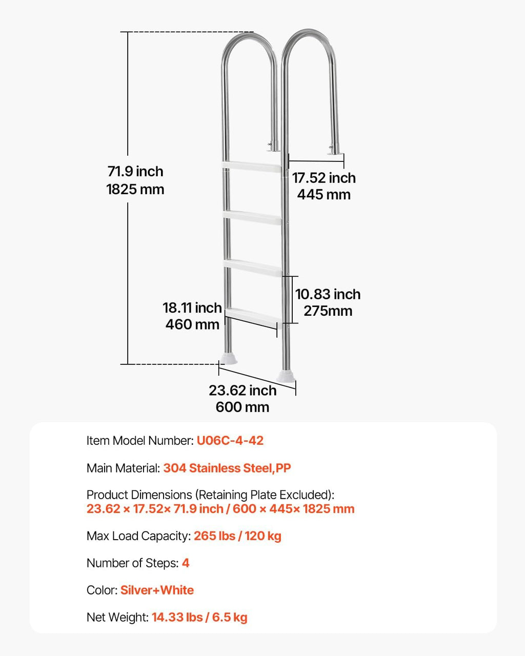 VEVOR Swimming Pool Ladder, 4-Step Double Handrails Stairs with Non-Slip Heavy Duty Steps, Stainless Steel Load Capacity 265 lbs, for 54 in Inground Pools with Mounted Deck Board Indoor & Outdoor