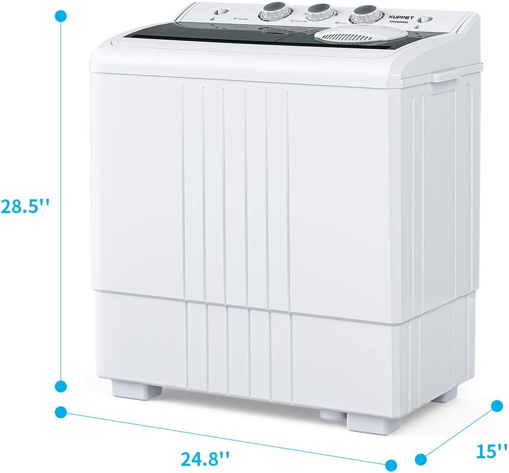 Compact Twin Tub Portable Mini Washing Machine 21lbs Capacity,Washer(14.4lbs) and Spiner(6.6lbs)/Built-in Drain Pump/Semi-Automatic,Black and White,24.8 inch x 15 inch x 28.5 inch