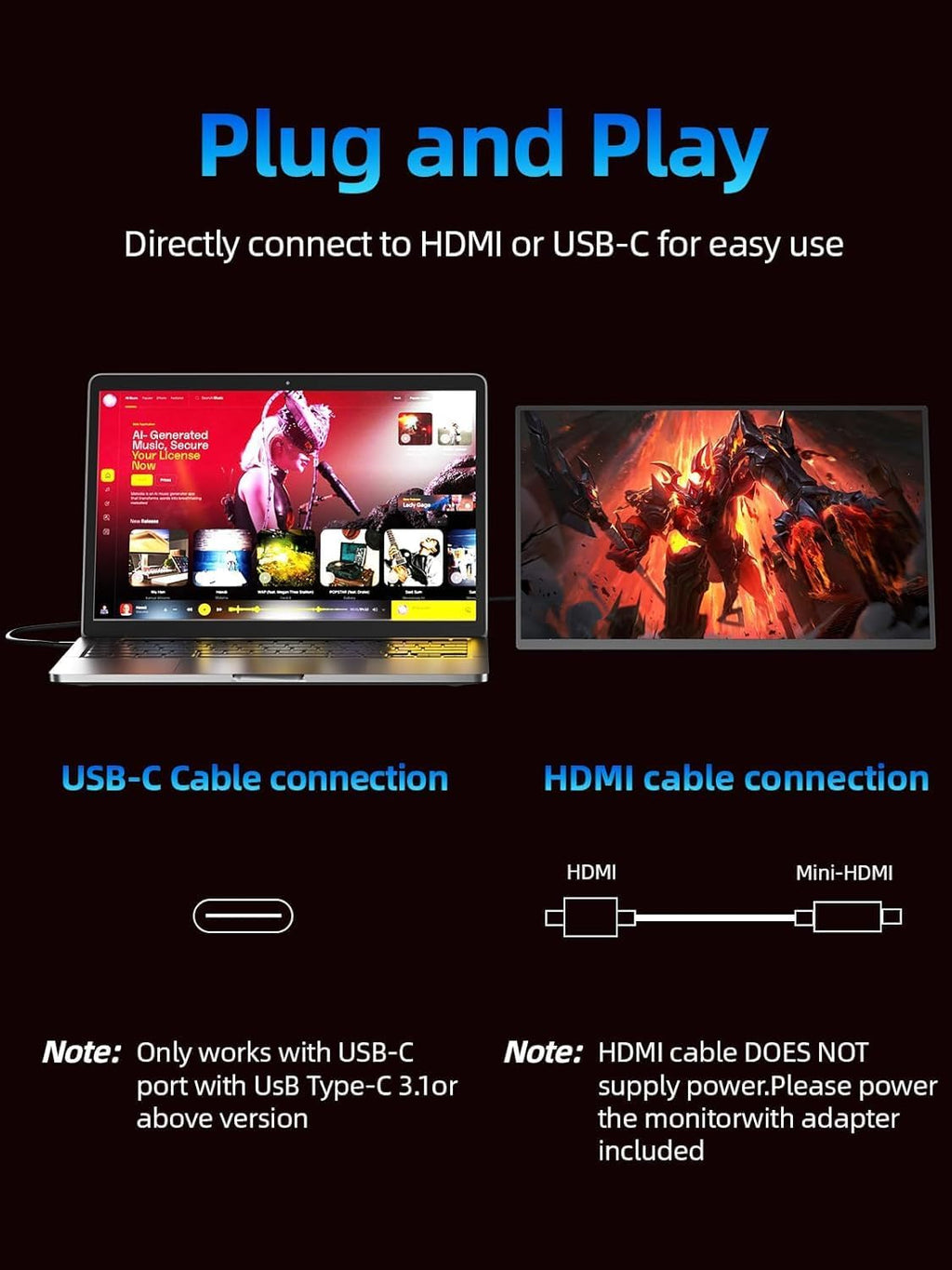4K Portable Monitor 18.5' 3840x2160 UHD USB-C HDMI for Laptop, 1000:1, 100%sRGB, Built-in Stand & VESA Mount, 8Bit IPS Computer Gaming Display Travel Monitor for Desktop Mac Phones Tablet PS5/4 Switch