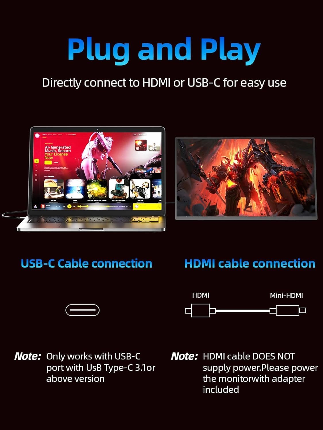 4K Portable Monitor 18.5' 3840x2160 UHD USB-C HDMI for Laptop, 1000:1, 100%sRGB, Built-in Stand & VESA Mount, 8Bit IPS Computer Gaming Display Travel Monitor for Desktop Mac Phones Tablet PS5/4 Switch