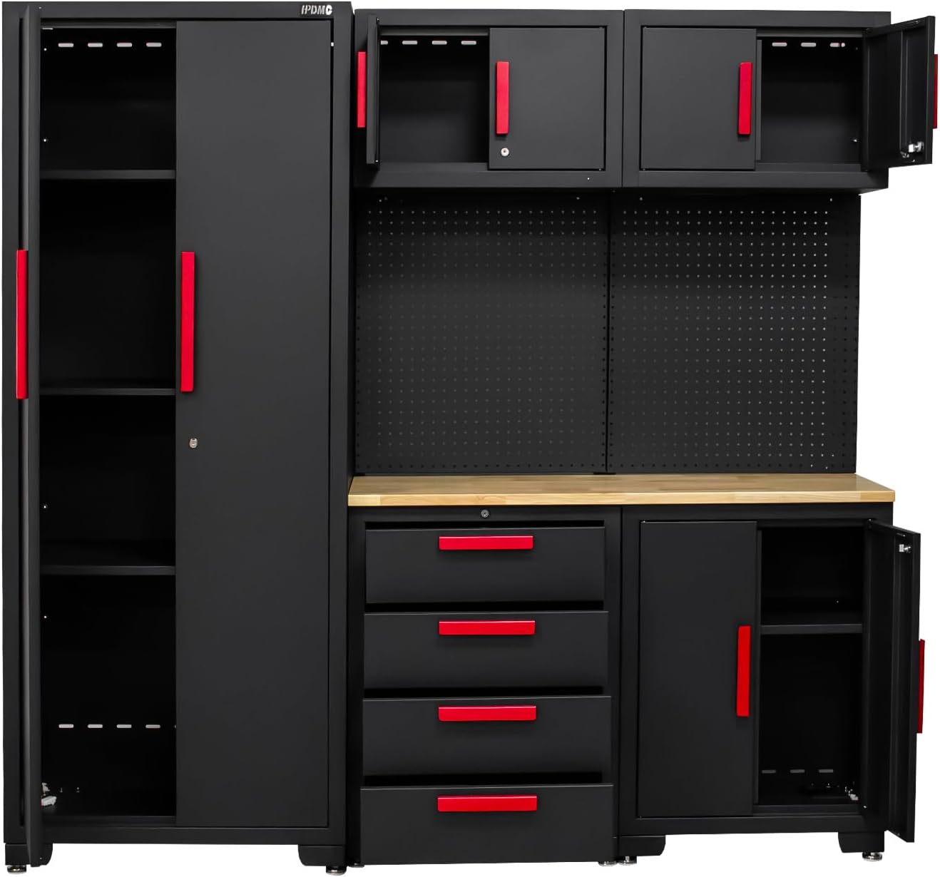 6-Pcs Garage Storage Cabinet System - Garage Workshop Set with Steel Cabinet Drawers, Tool Chest, Workbench, Pegboard for Tool Organization
