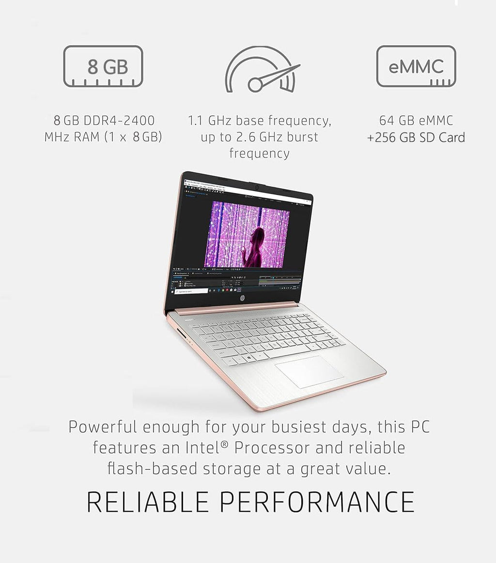 HP 14in Schools and Business Laptop, Intel Quad-Core N4120 CPU, 8GB RAM, 64GB eMMC, 256GB Micro SD, 1-Y Office 365, Webcam, HDMI, WiFi, Win 11 S(Rose Gold), HP 14in
