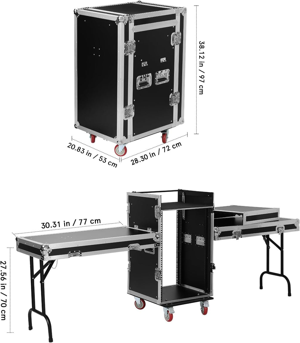 16u Road Case with 60° Slant Mixer Top, 4 Casters - Brake System, 2 Side Table up to 110lb 20' Rackable Depth Plywood & Tour Grade Hardware ATA Rack Cases Audio Mixer for Pro Stage Performance