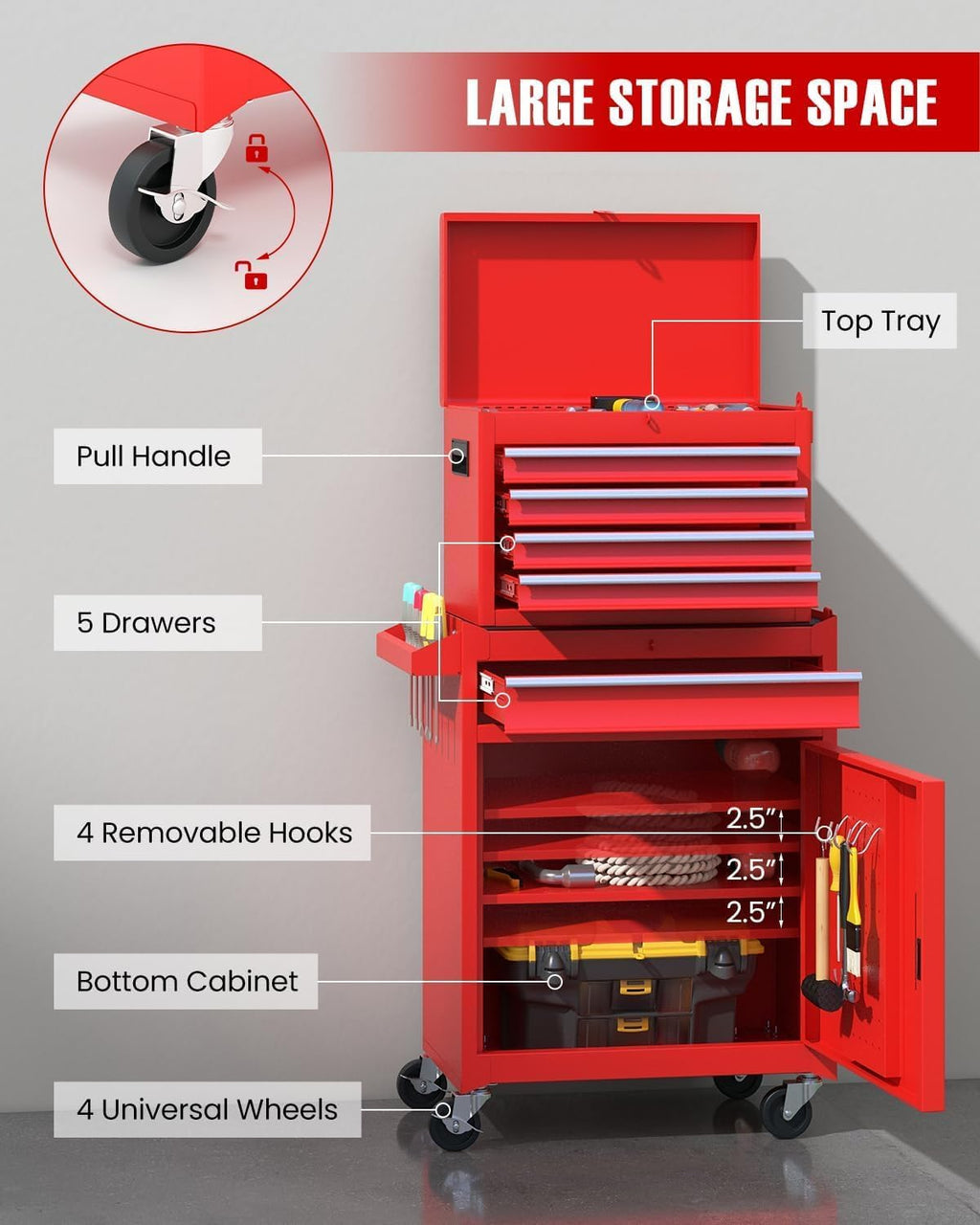 ARNOT 2-in-1 Rolling Tool Chest with 5 Drawers, Heavy-Duty Metal Tool Box with Wheels, Detachable Top Tool Box & Rolling Tool Cabinet for Garage, DIY (5-Drawers, Red)