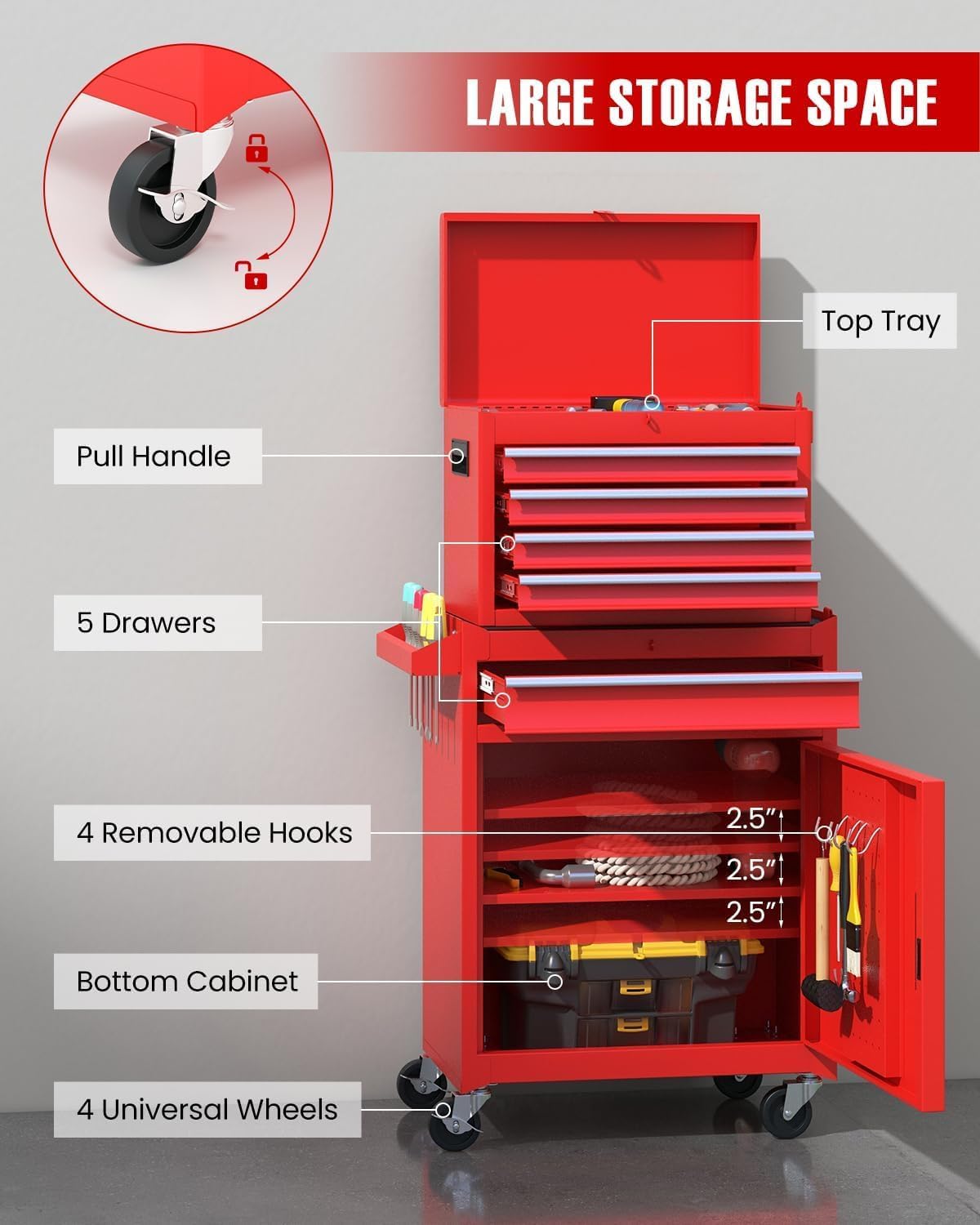 ARNOT 2-in-1 Rolling Tool Chest with 5 Drawers, Heavy-Duty Metal Tool Box with Wheels, Detachable Top Tool Box & Rolling Tool Cabinet for Garage, DIY (5-Drawers, Red)