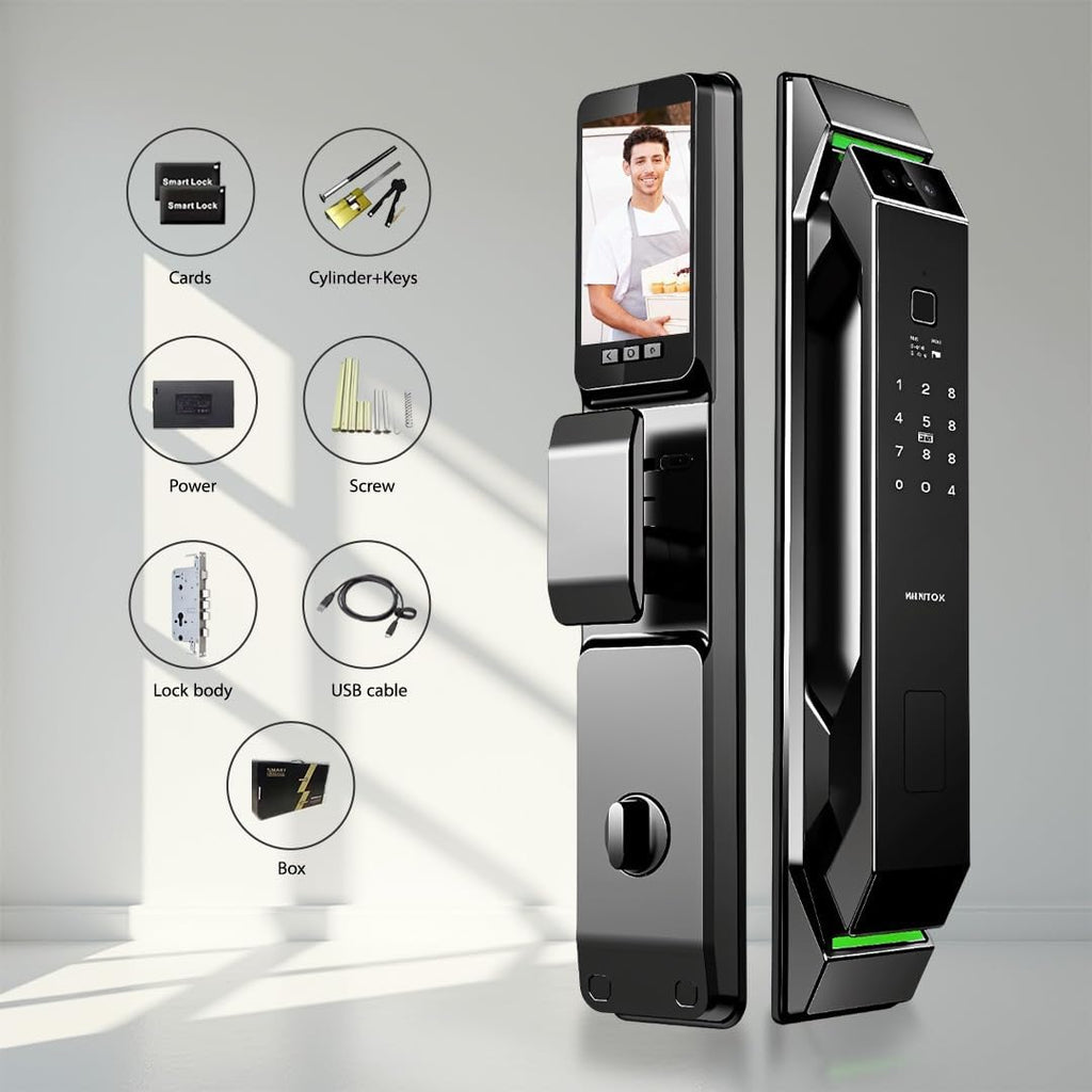 Smart Door Lock with Camera: 3D Face Recognition, Palm Vein, Video Intercom with 1080p HD Camera, Motion Detection, Keyless Entry, Fingerprint, Passcode, IC Card, Doorbell, Tuya App, Supports Alexa