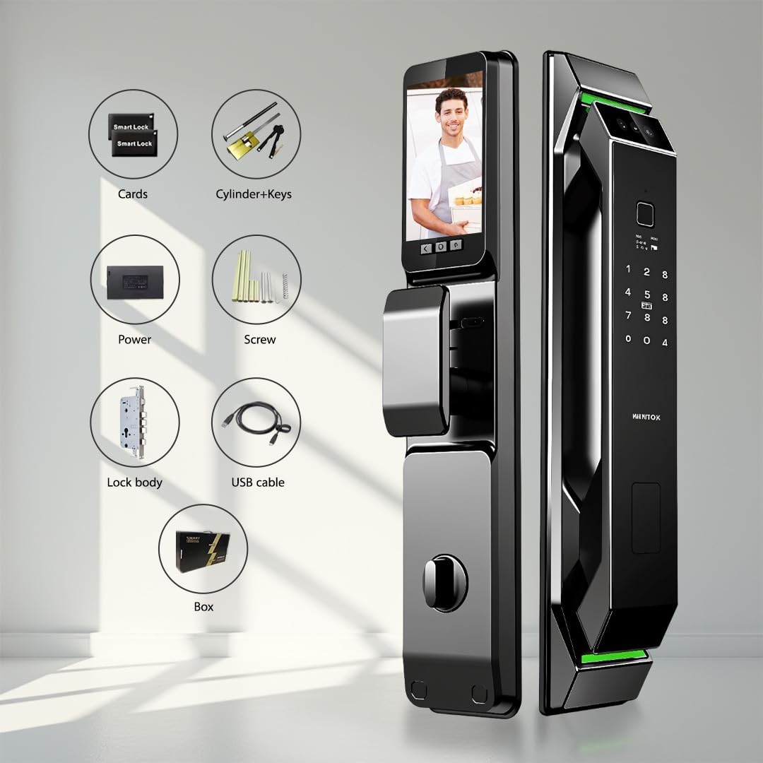 Smart Door Lock with Camera: 3D Face Recognition, Palm Vein, Video Intercom with 1080p HD Camera, Motion Detection, Keyless Entry, Fingerprint, Passcode, IC Card, Doorbell, Tuya App, Supports Alexa